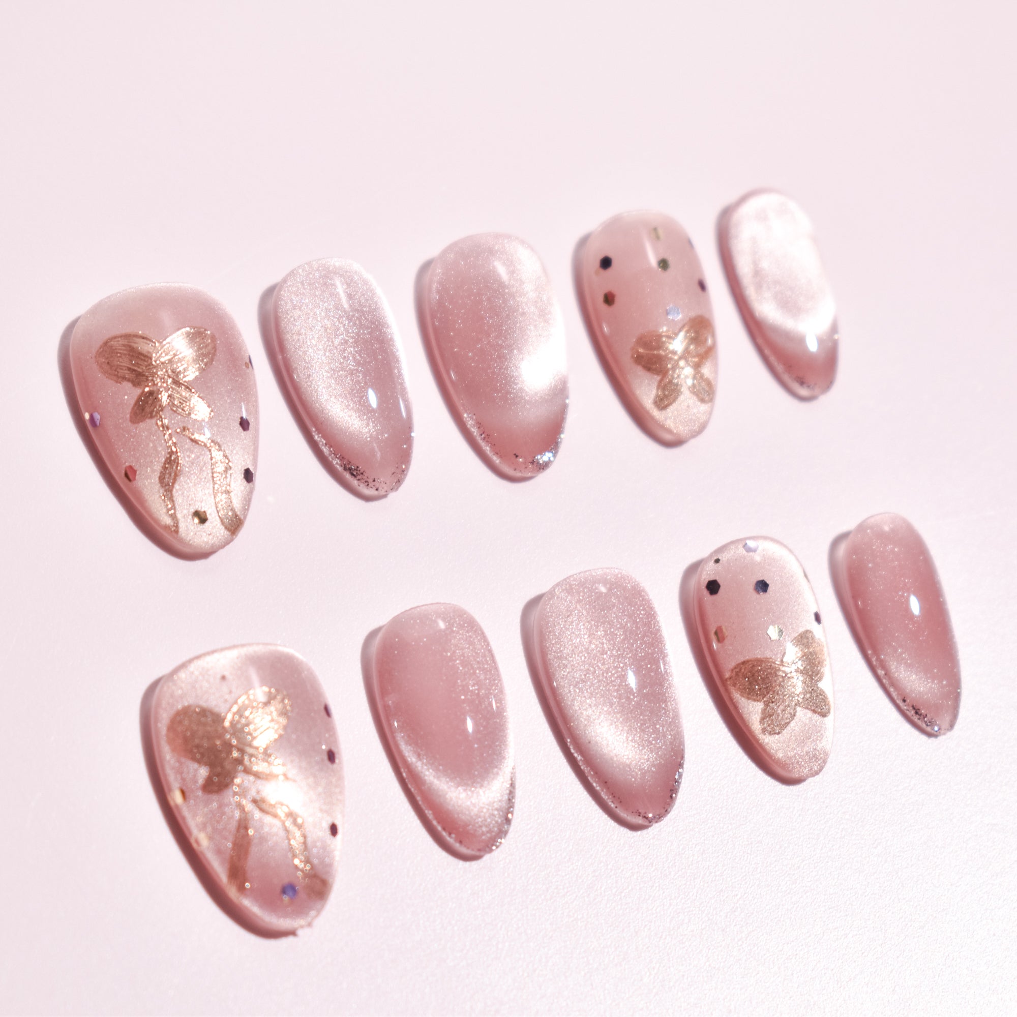 Kohaku Papillon | Short Almond Rose Quartz Butterfly Press-On Nails