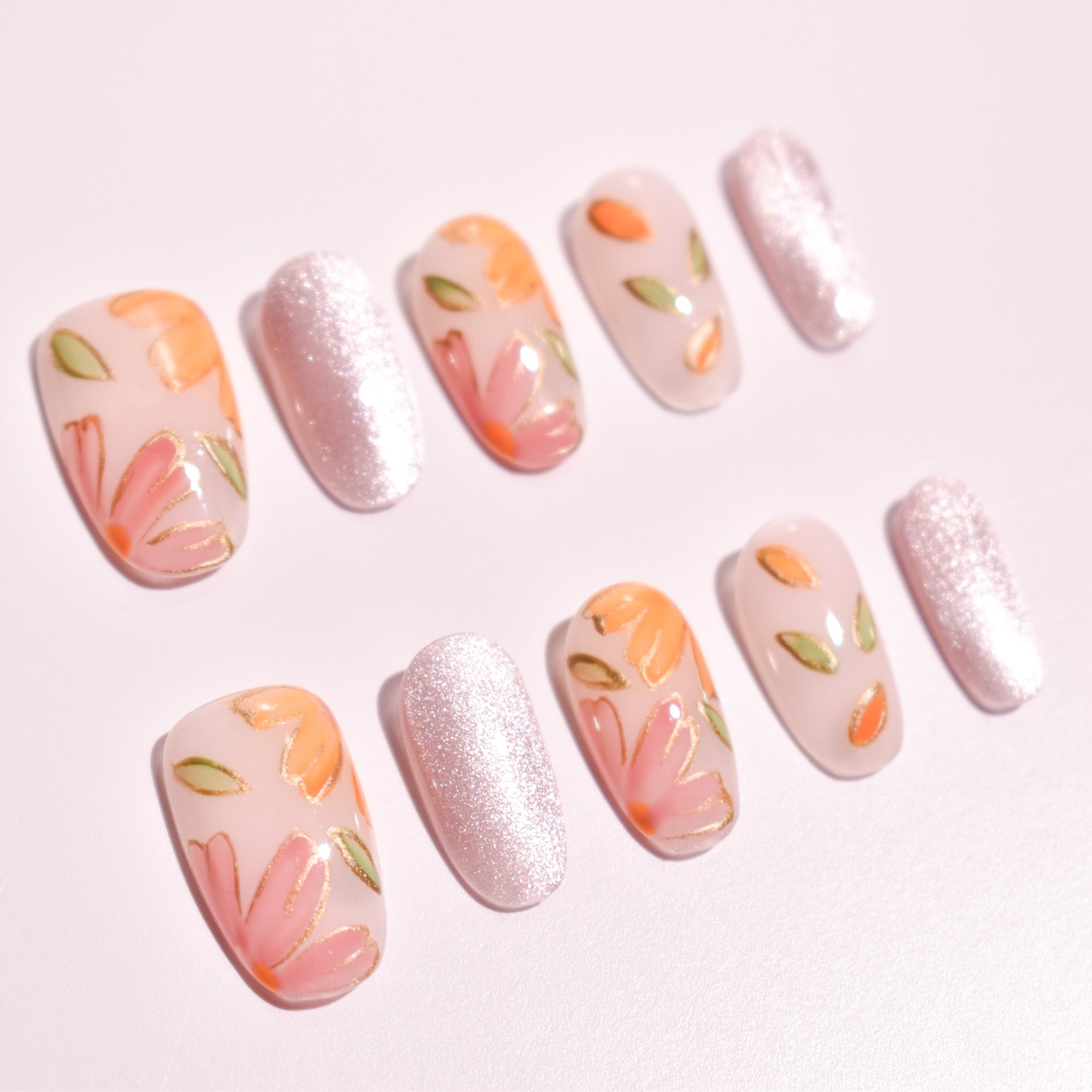 Apricot Petal Glow | Medium Oval Floral Shimmer Press-On Nails