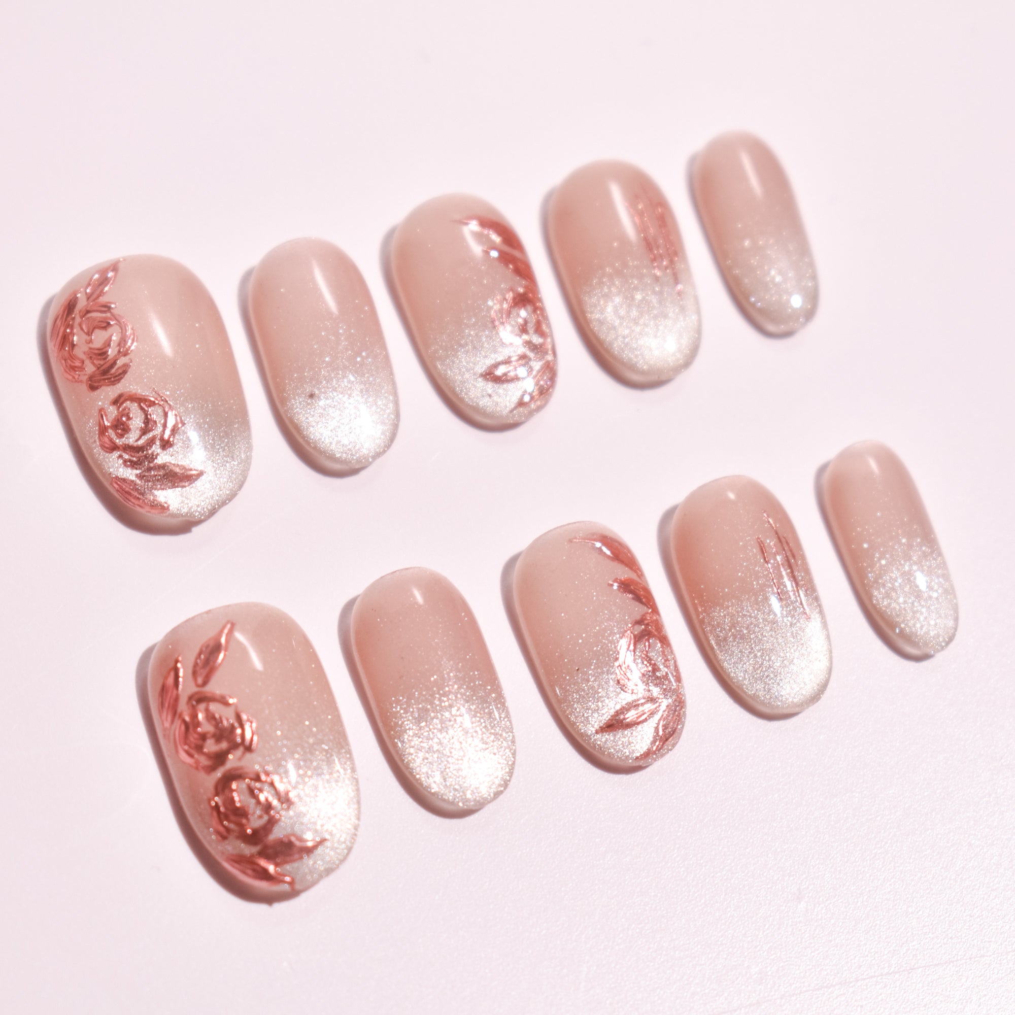 Rose Quartz Bloom | Medium Oval Rose Gold Floral Press-On Nails