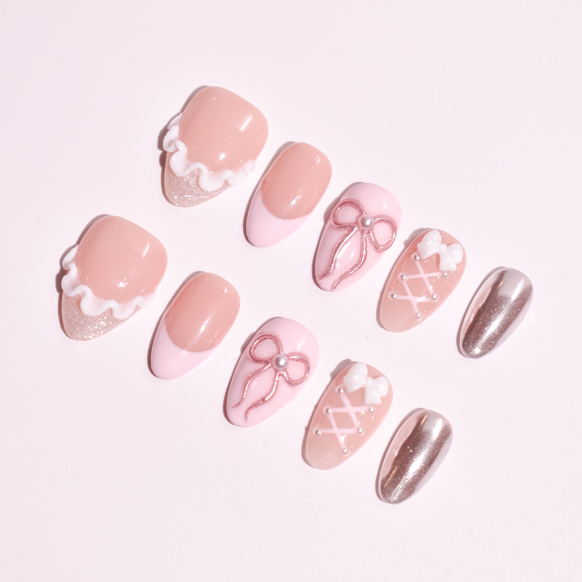 Blush Bow Ballet | Short Almond Pink Press-On Nails with 3D Bow, Lace & Pearl Details