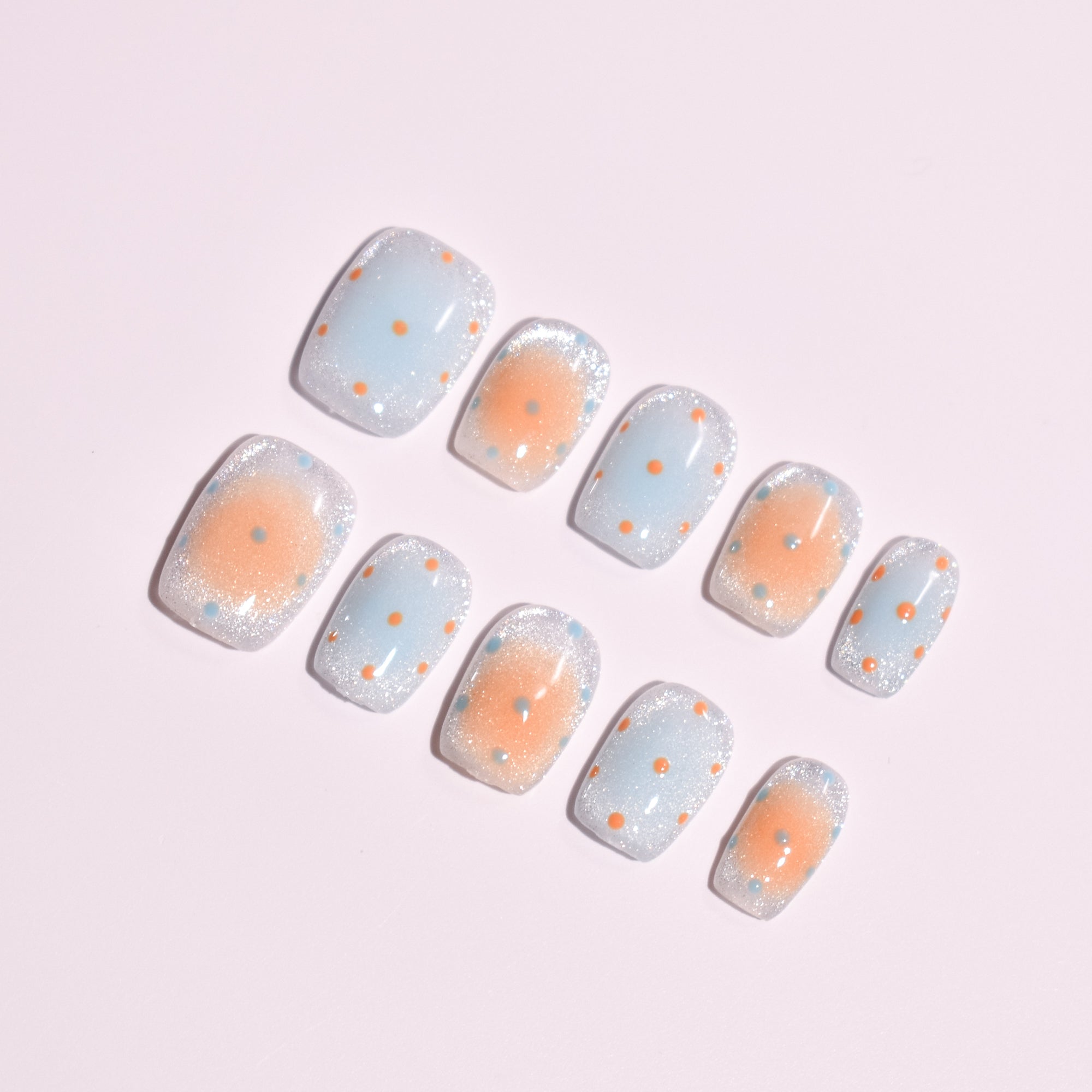 Citrus Sky Confetti | Short Square Blue Press-On Nails with Peach Aura Glow, Polka Dots & Micro Sparkle
