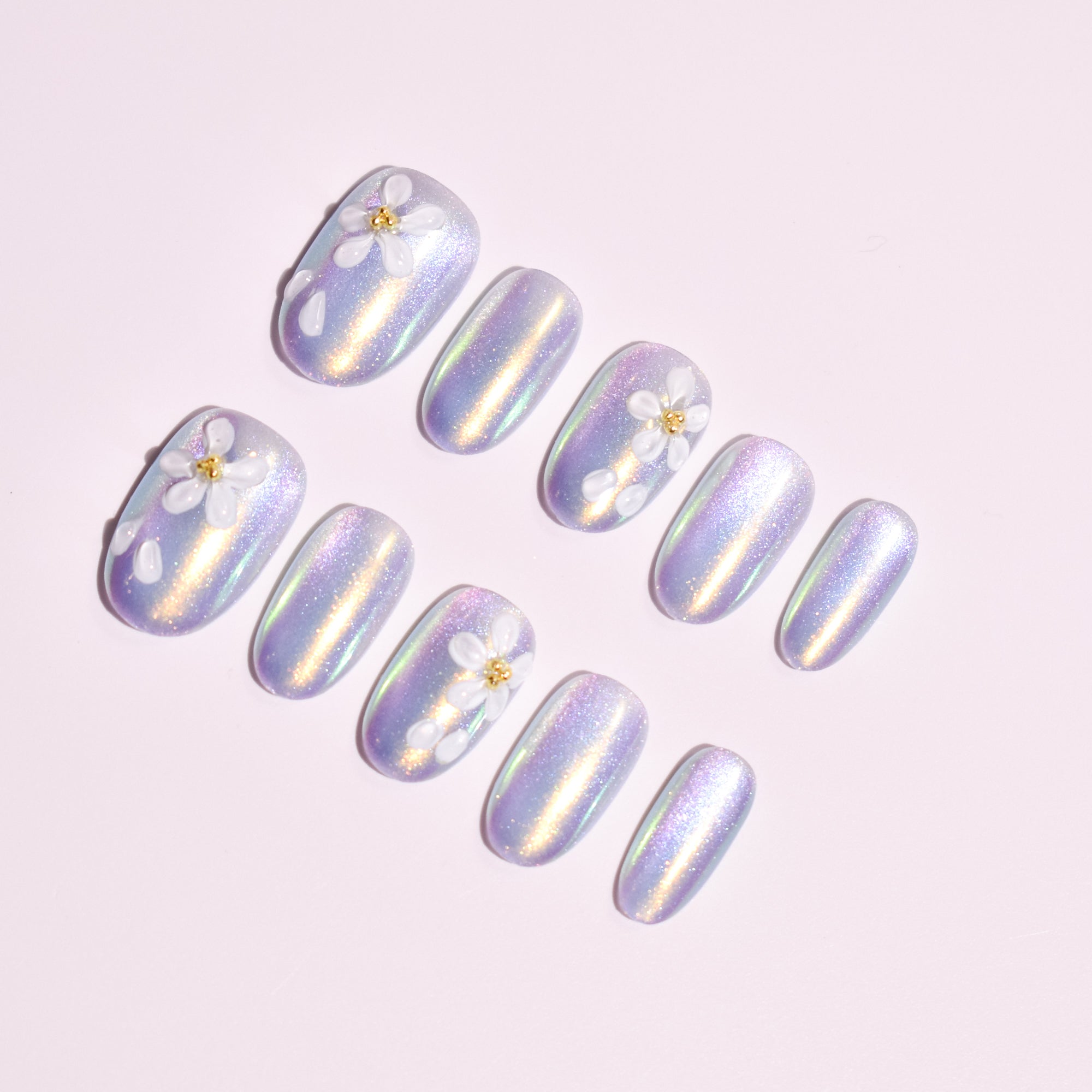 Opal Petal Halo | Medium Oval Iridescent Press-On Nails with 3D White Flowers & Pearl Chrome Glow