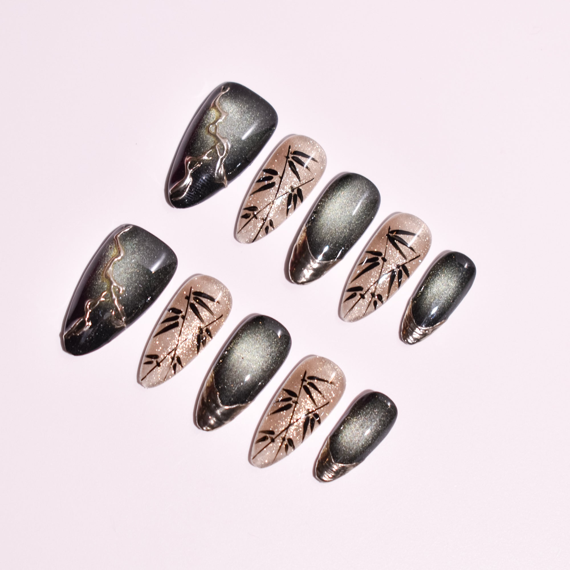 Obsidian Grove | Long Almond Black Chrome Press-On Nails with Gold Veins & Bamboo Ink Art