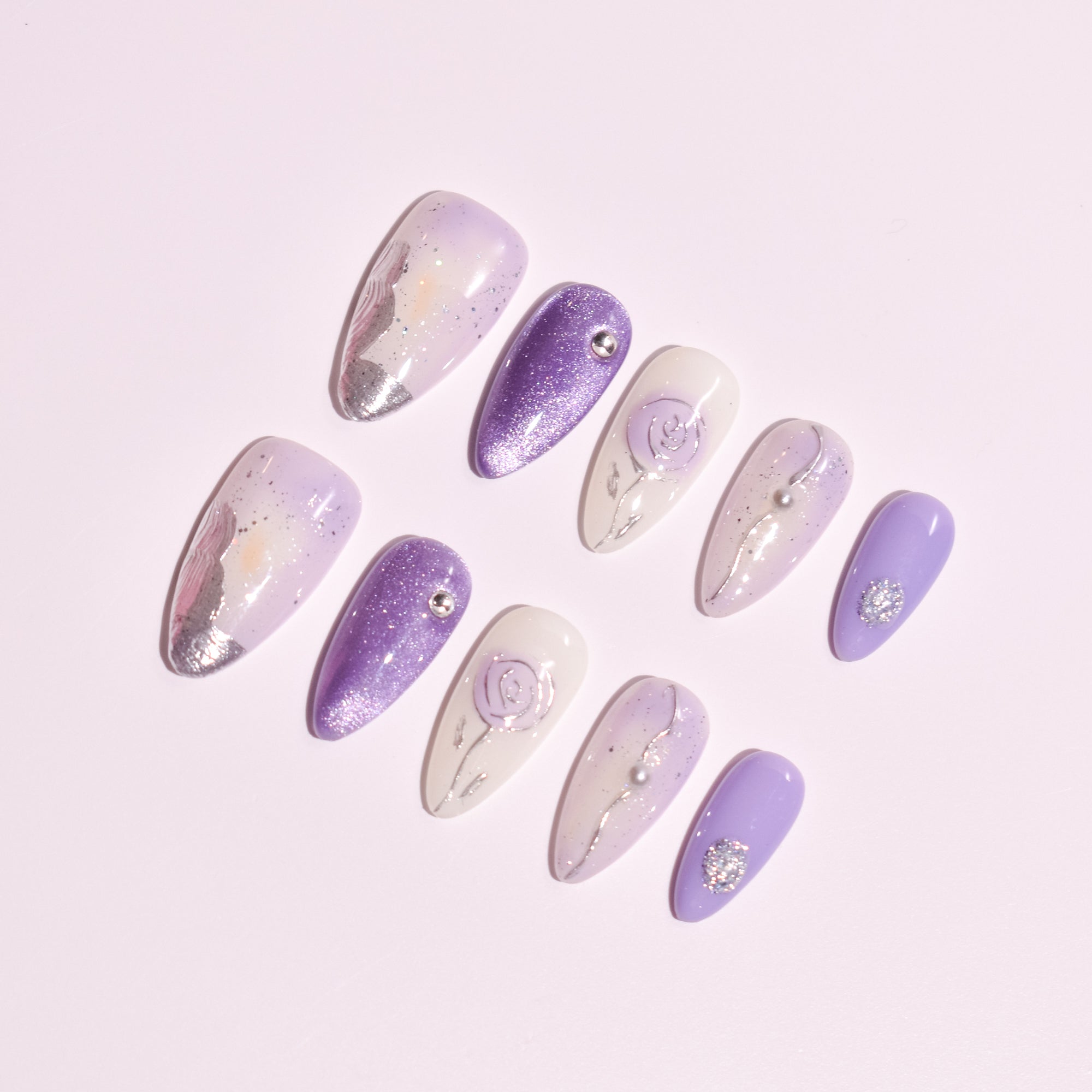 Lavender Reverie | Long Almond Lilac & Pearl Press-On Nails with Sculpted Rose Art