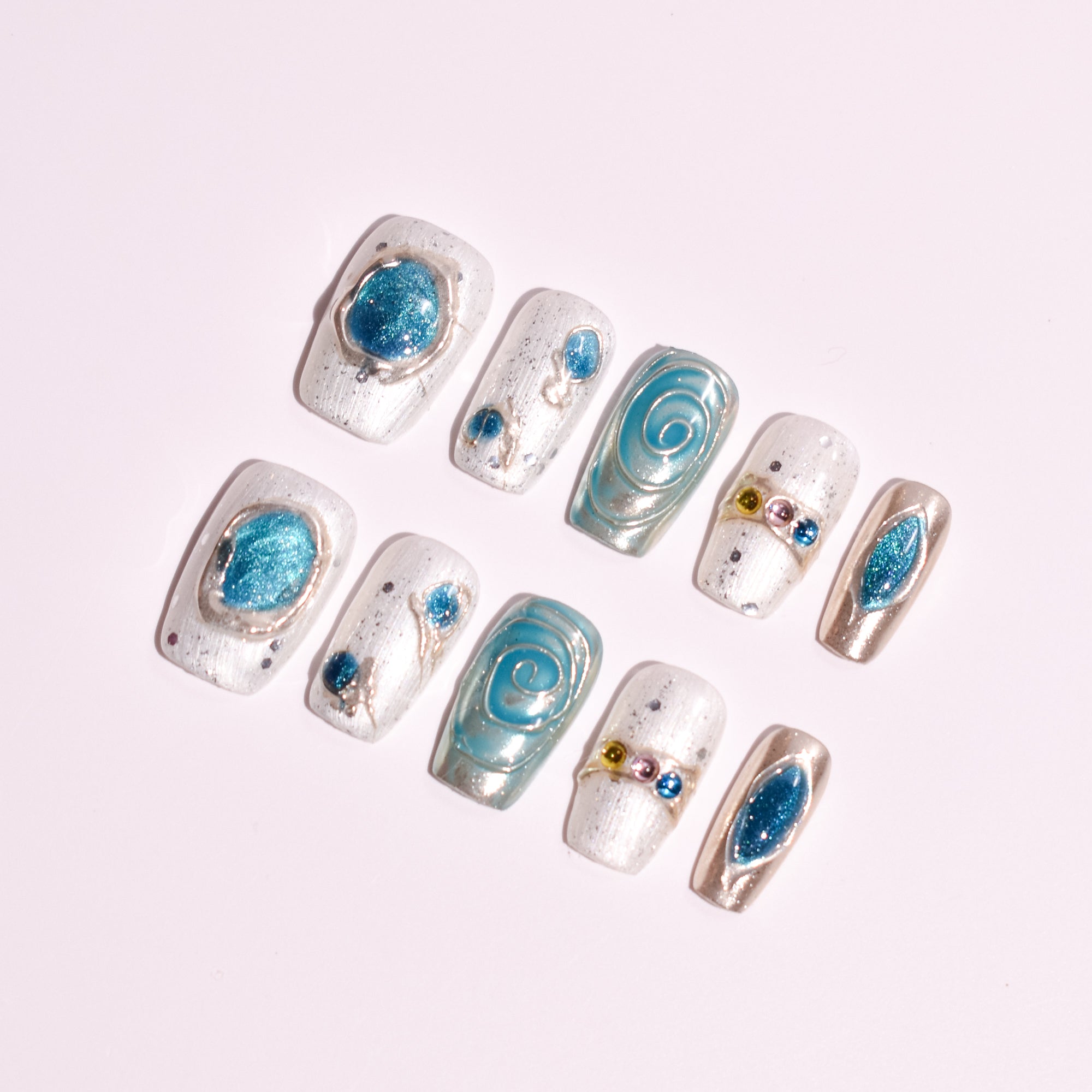 Aqua Relic | Medium Square Turquoise Gem Press-On Nails with Silver Texture Art