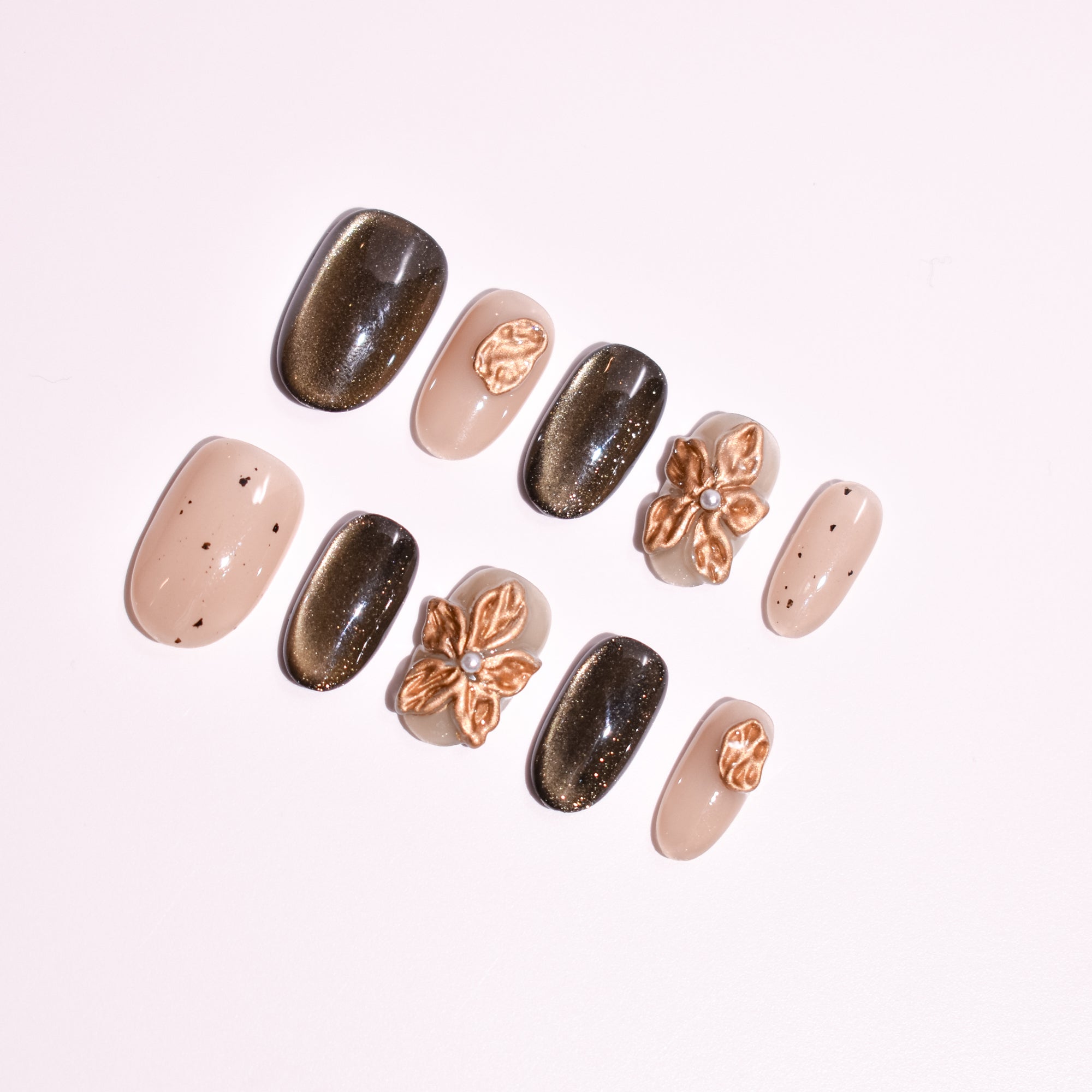 Gilded Truffle Bloom | Medium Oval Bronze Floral Press-On Nails