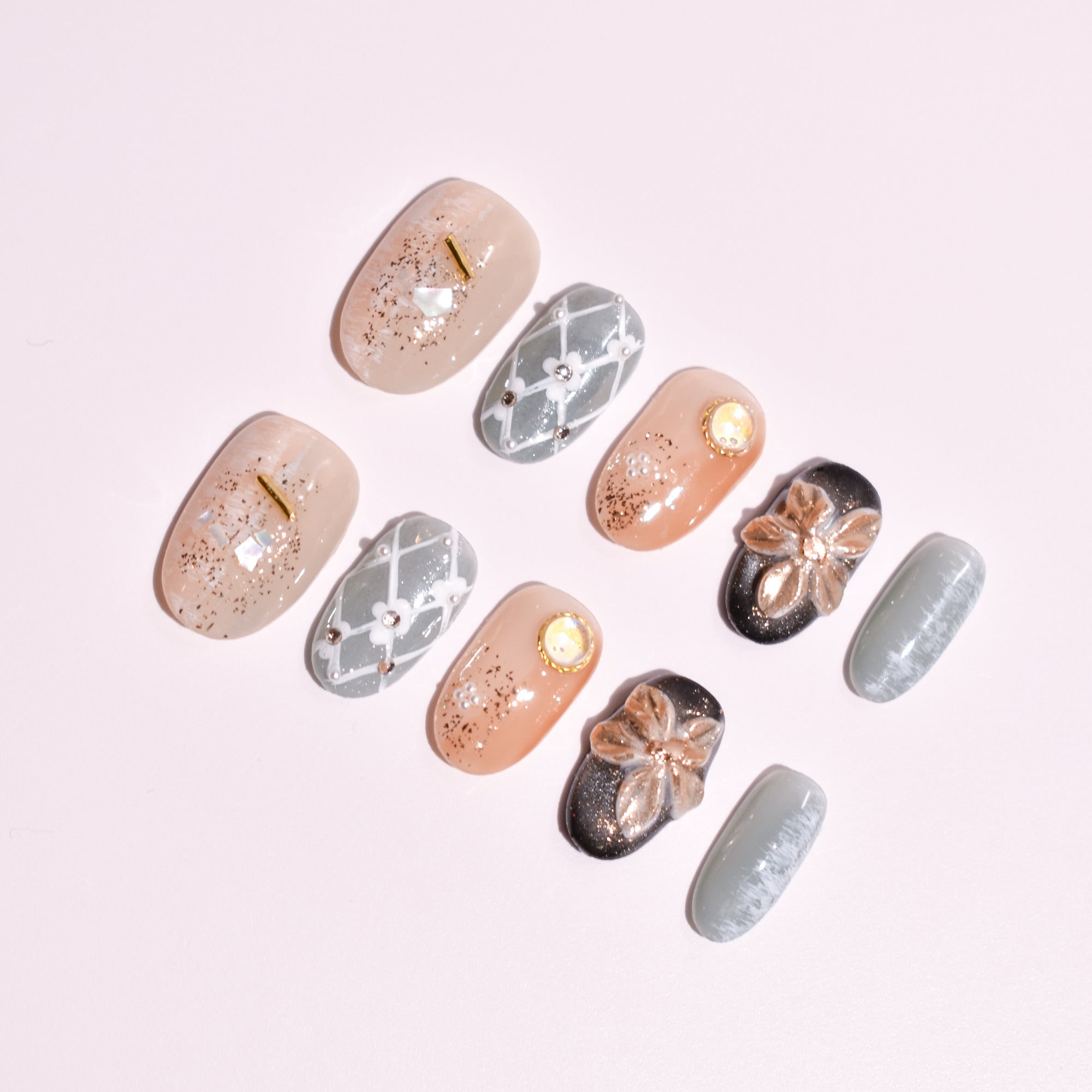 Verdant Ember Atelier | Medium Oval Neutral Floral Press-On Nails