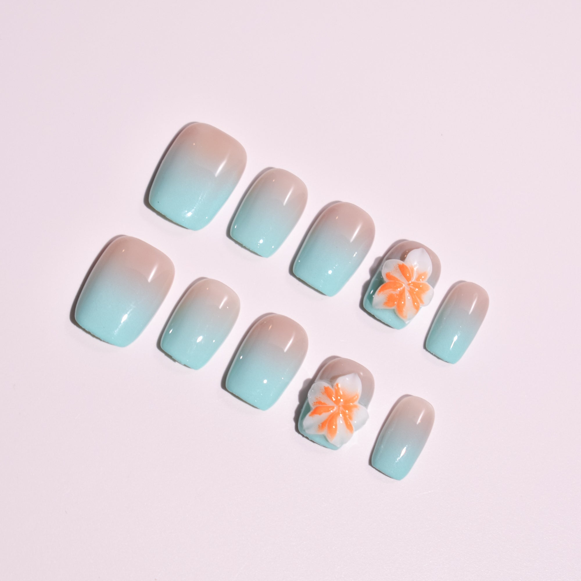 Aqua Petal Drift | Short Square Gradient Floral Press-On Nails