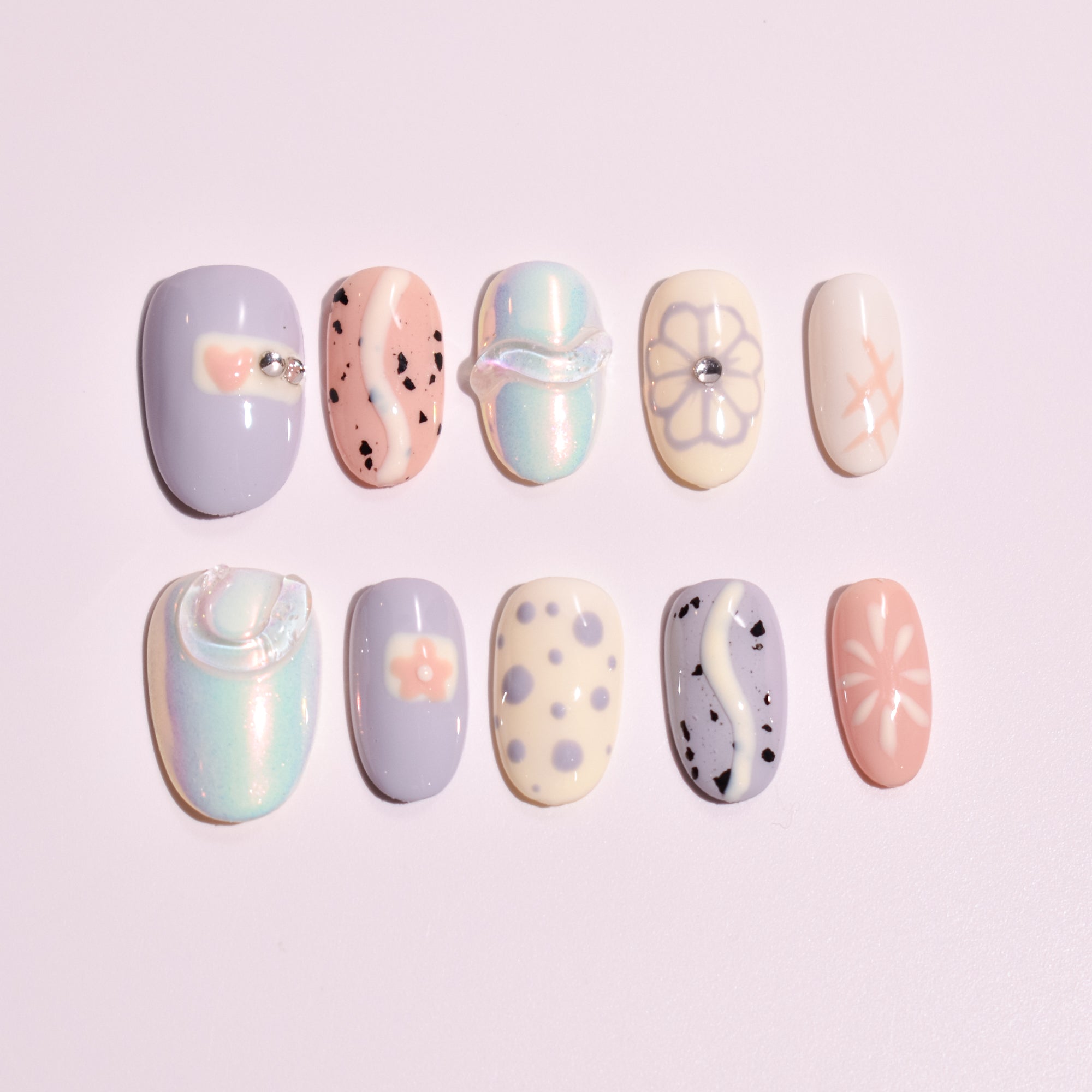 Pastel Ripple Garden | Medium Oval Abstract Press-On Nails with 3D Gel Accents