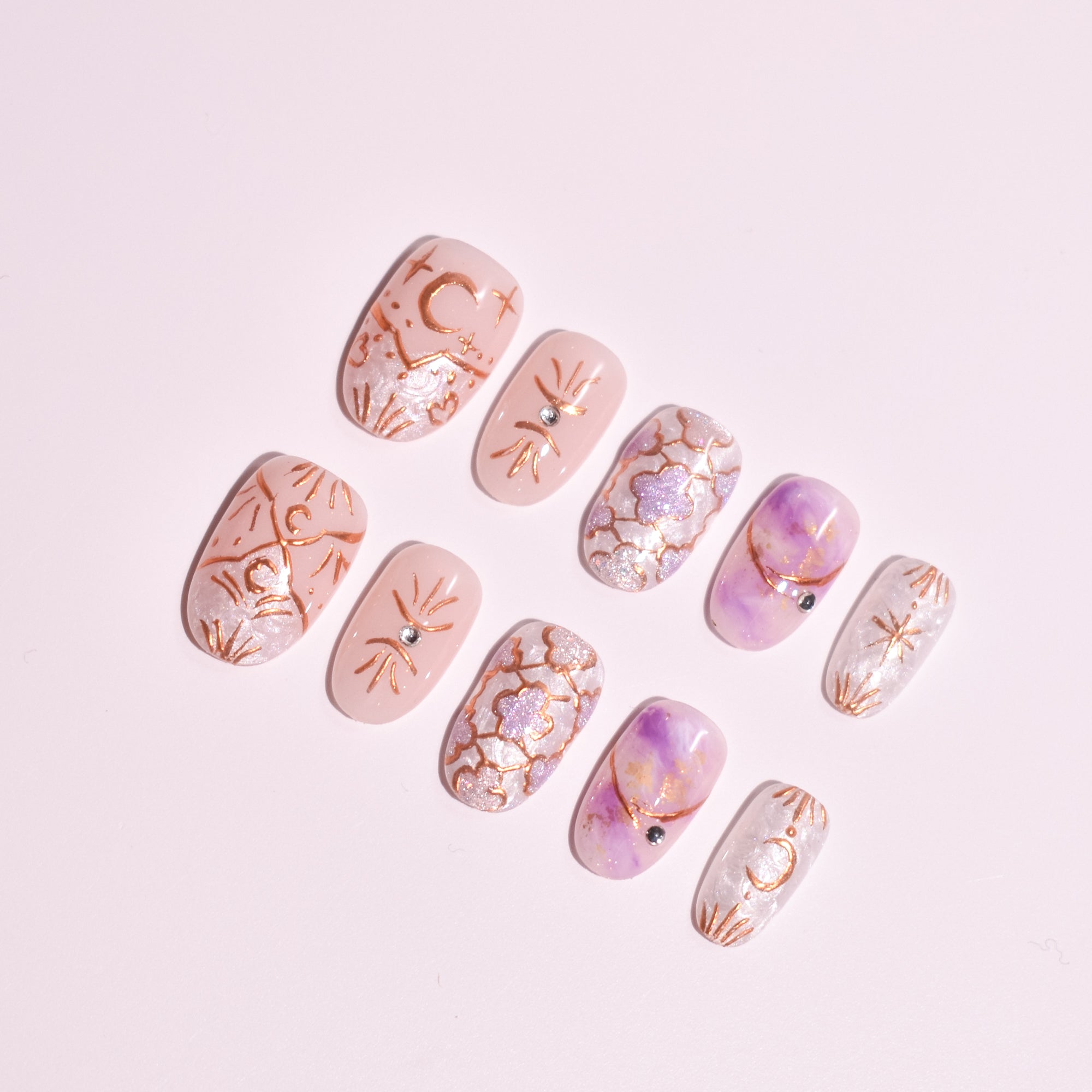 Celestial Whisper | Medium Oval Lunar Gold Press-On Nails with Crystal Accents