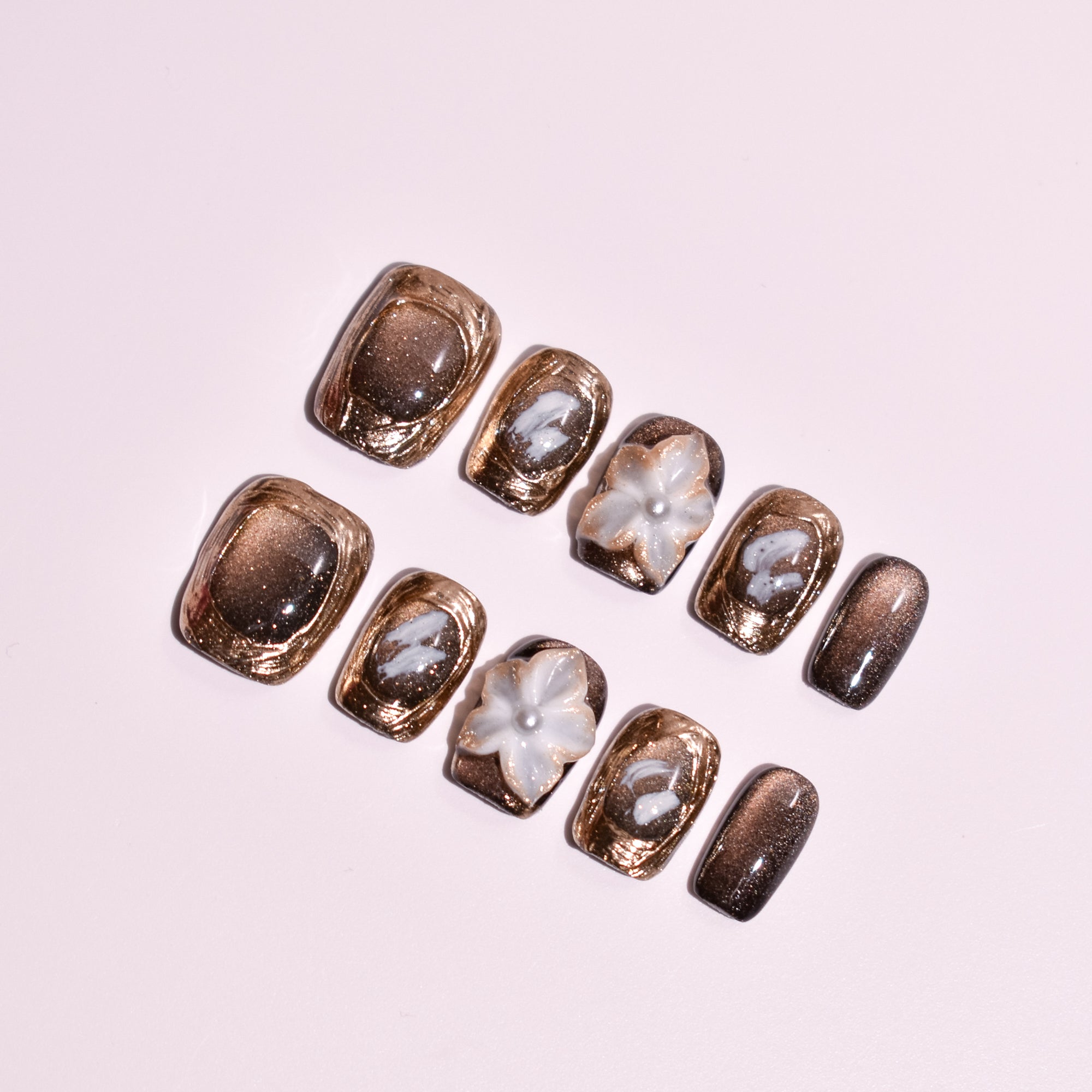 Gilded Cocoa Bloom | Short Square Bronze Press-On Nails with Sculpted Floral Accent