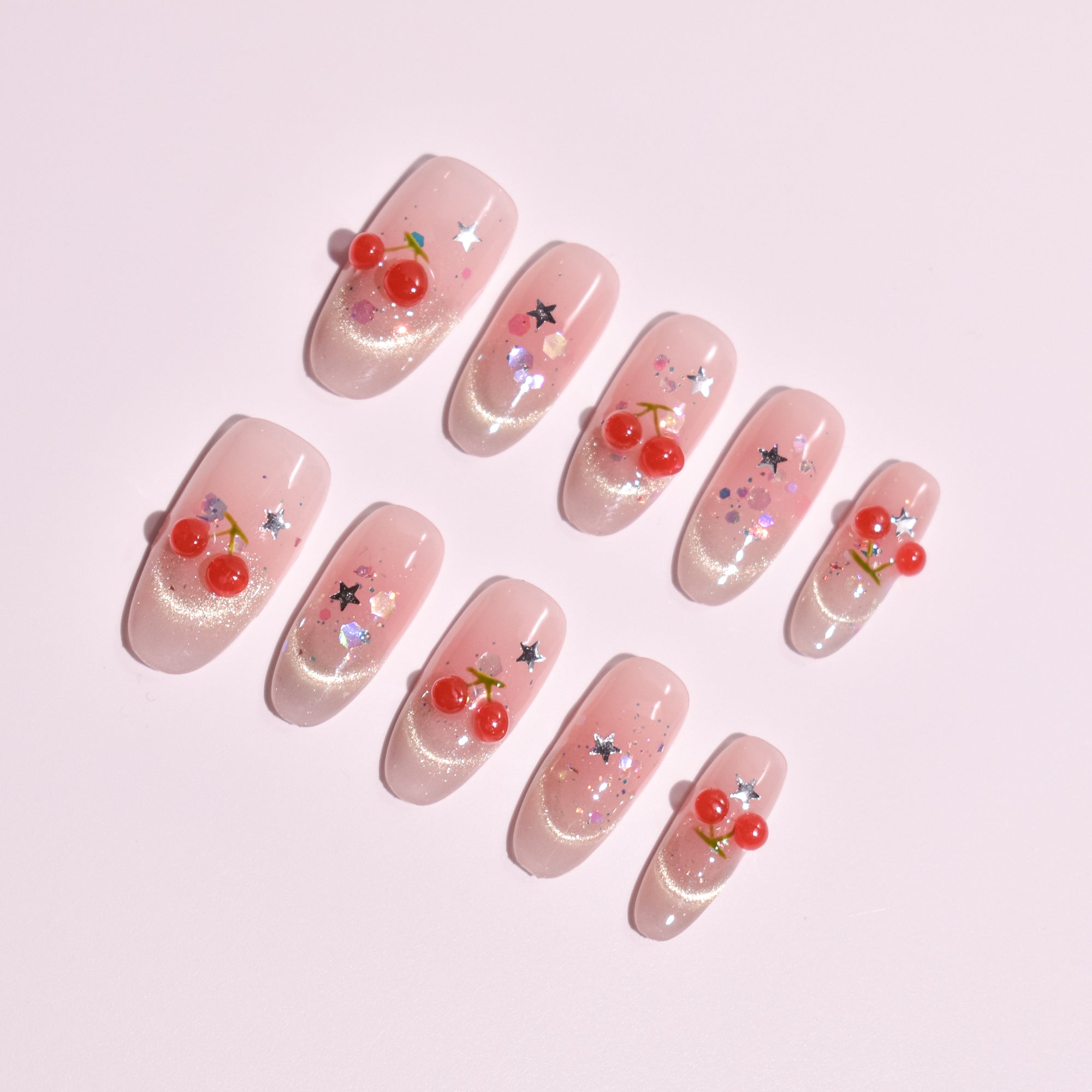 Cherry Stardust | Long Oval Pink Jelly Press-On Nails with 3D Cherry Charms & Star Confetti