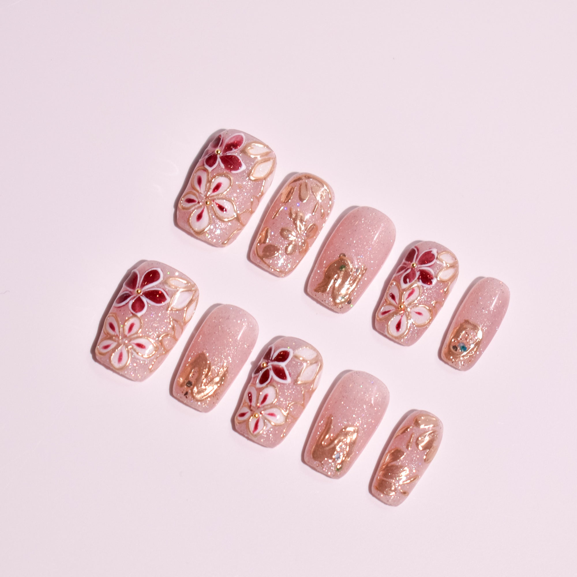 Crimson Hanagasumi | Handmade Press-on Nails | Custom Japanese Nail Art