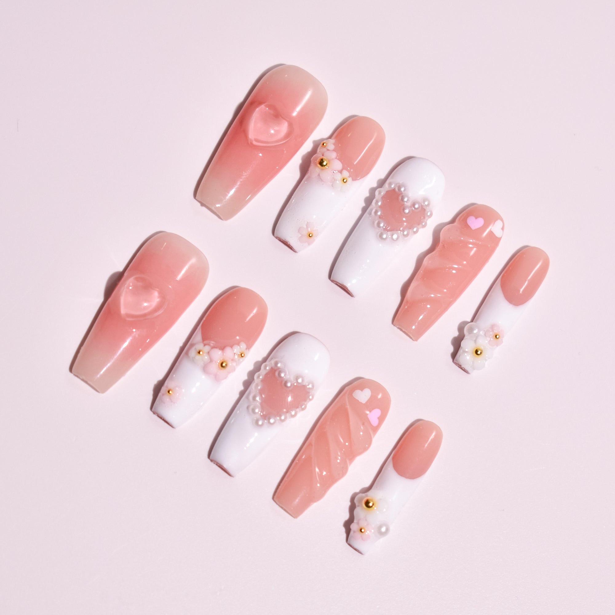 Amai Heart Bouquet | Handmade Press-on Nails | Custom Japanese Nail Art