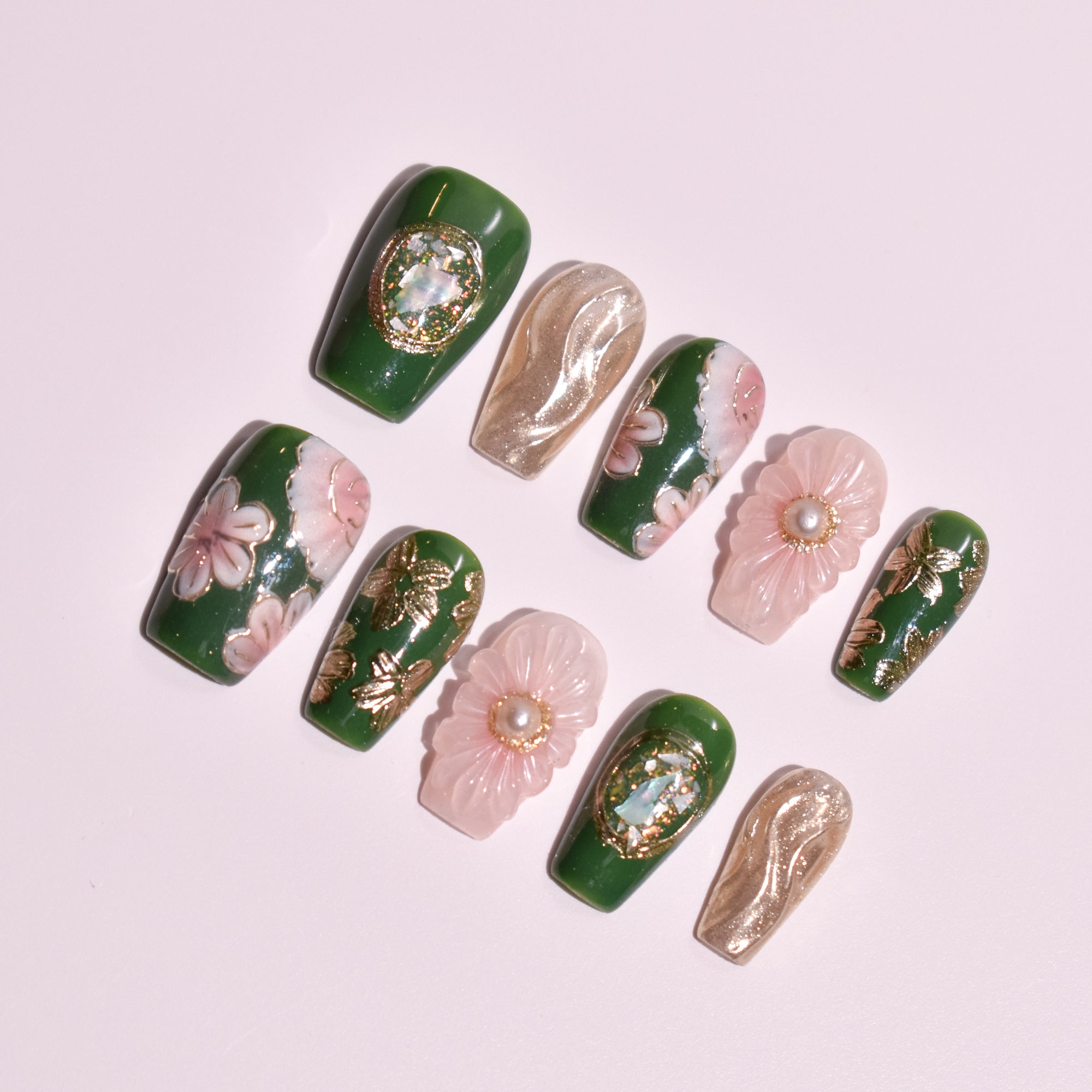 Mori no Botan | Handmade Press-on Nails | Custom Japanese Nail Art