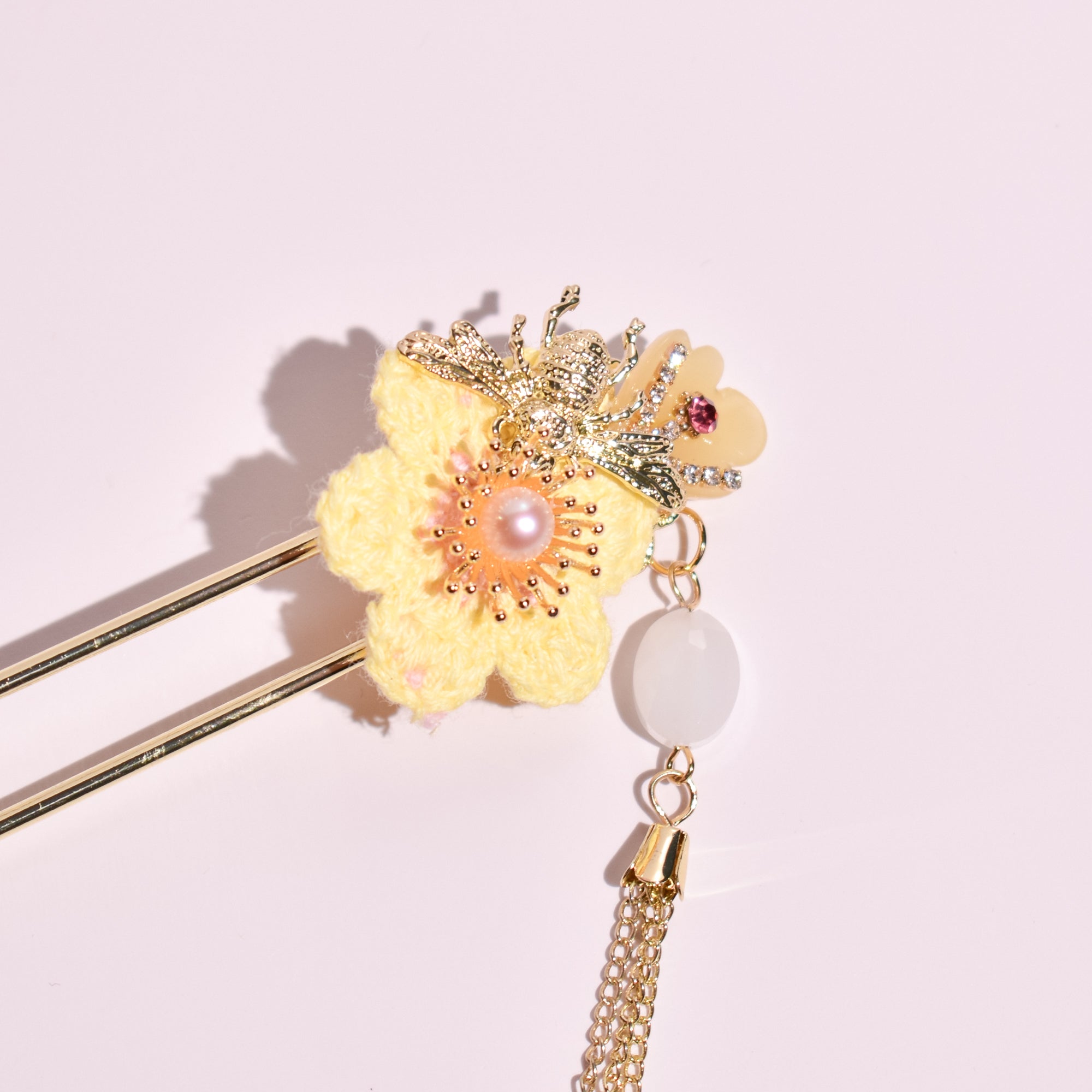 Bumblebee Blossom | Hand-Knitted Floral Kanzashi Hairpin