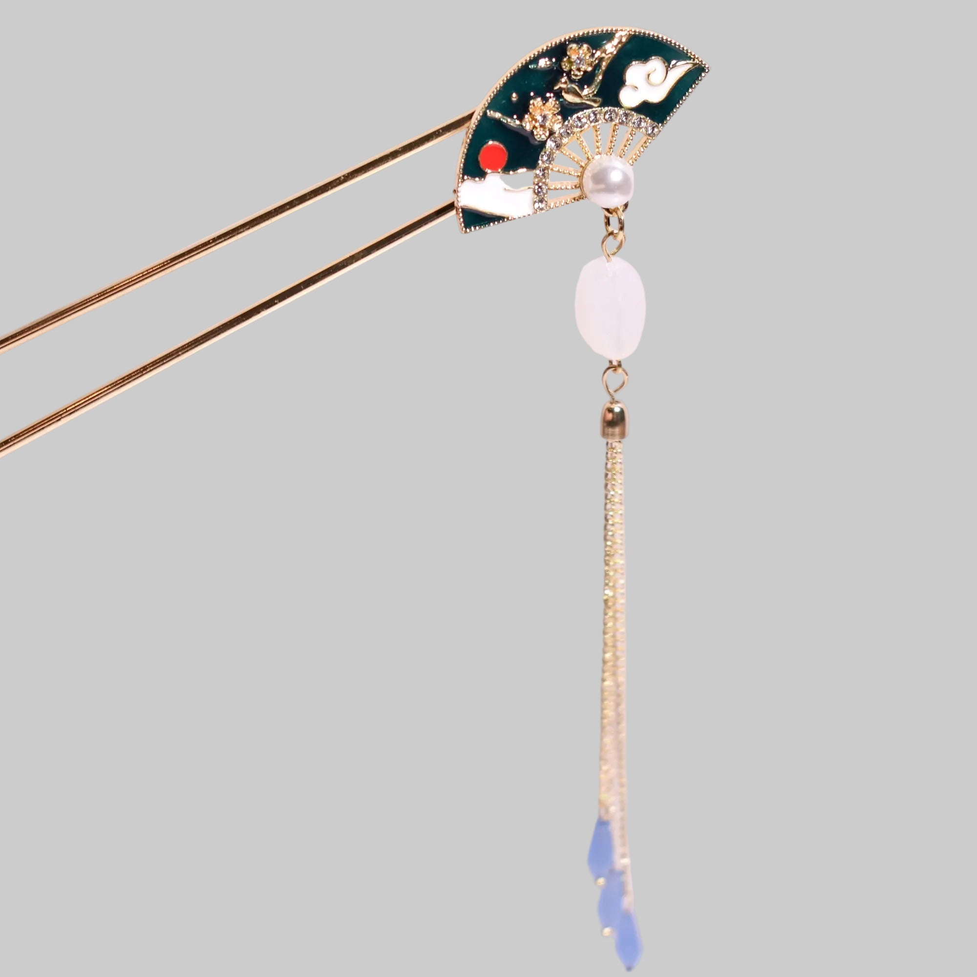 Celestial Twilight Fan | Deep Teal Enamel Kanzashi Hairpin