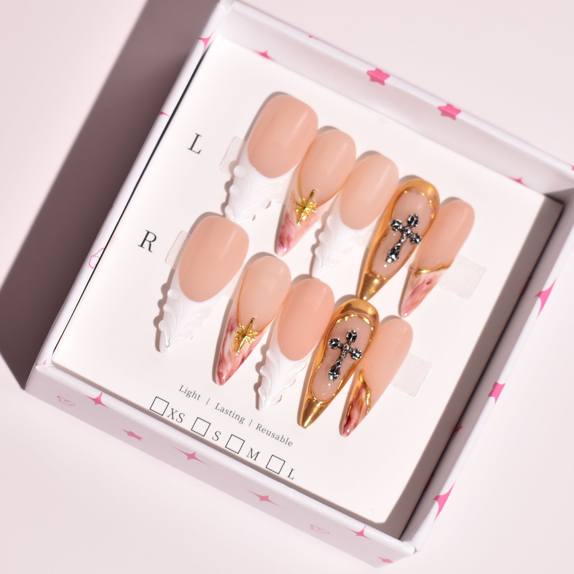 Gilded Oath Long Stiletto Nude & Gold Cross Press-On Nails | b3B86