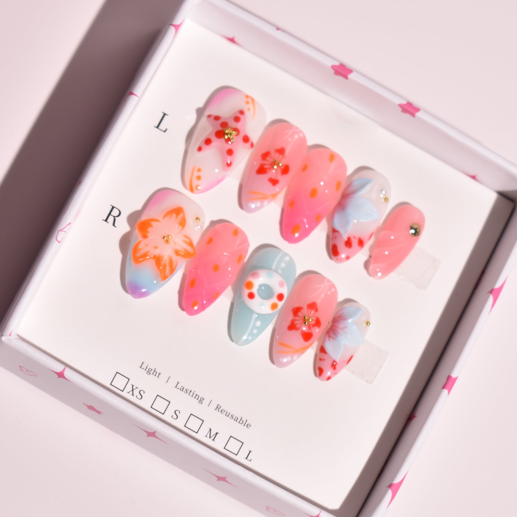 Coral Drift Society Medium Almond Tropical Floral Press-On Nails | b3B77