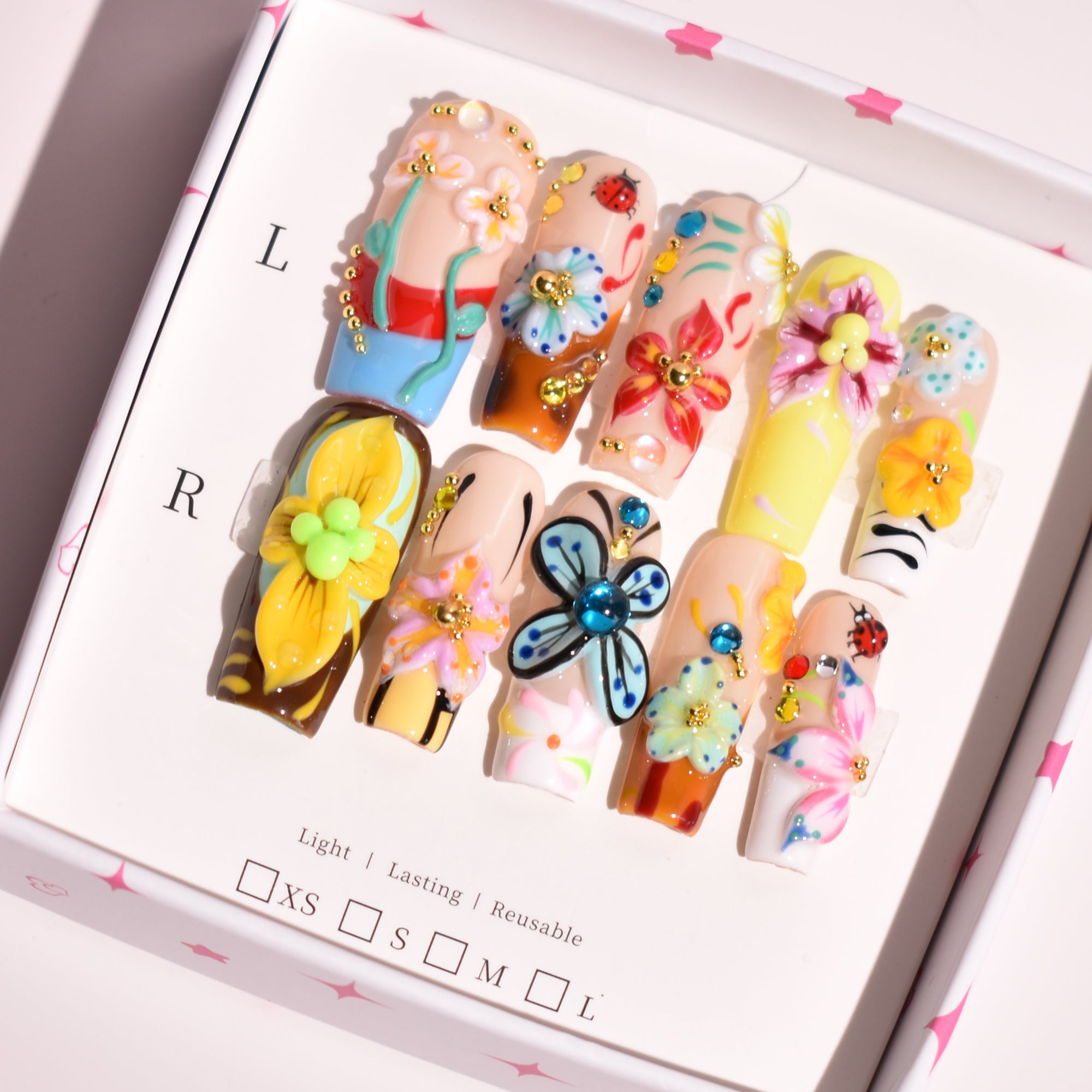 Medium Square 3D Floral Press-On Nails – Colorful Maximalist Garden Art |b3B79