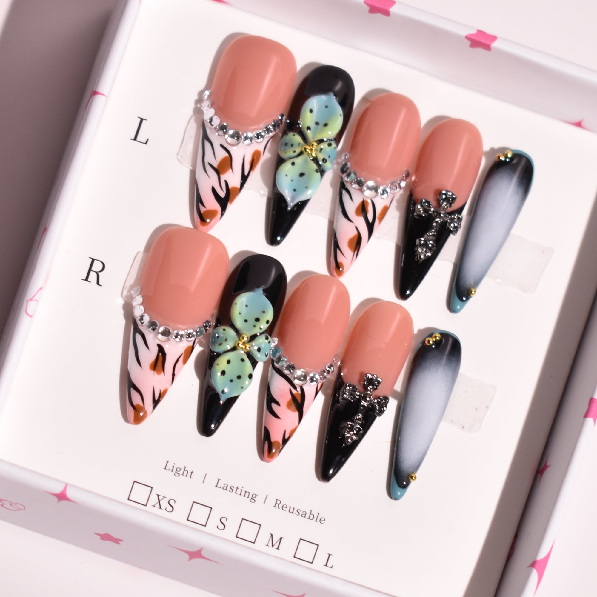 Obsidian Petal – Long Stiletto Press-On Nails | b3B60