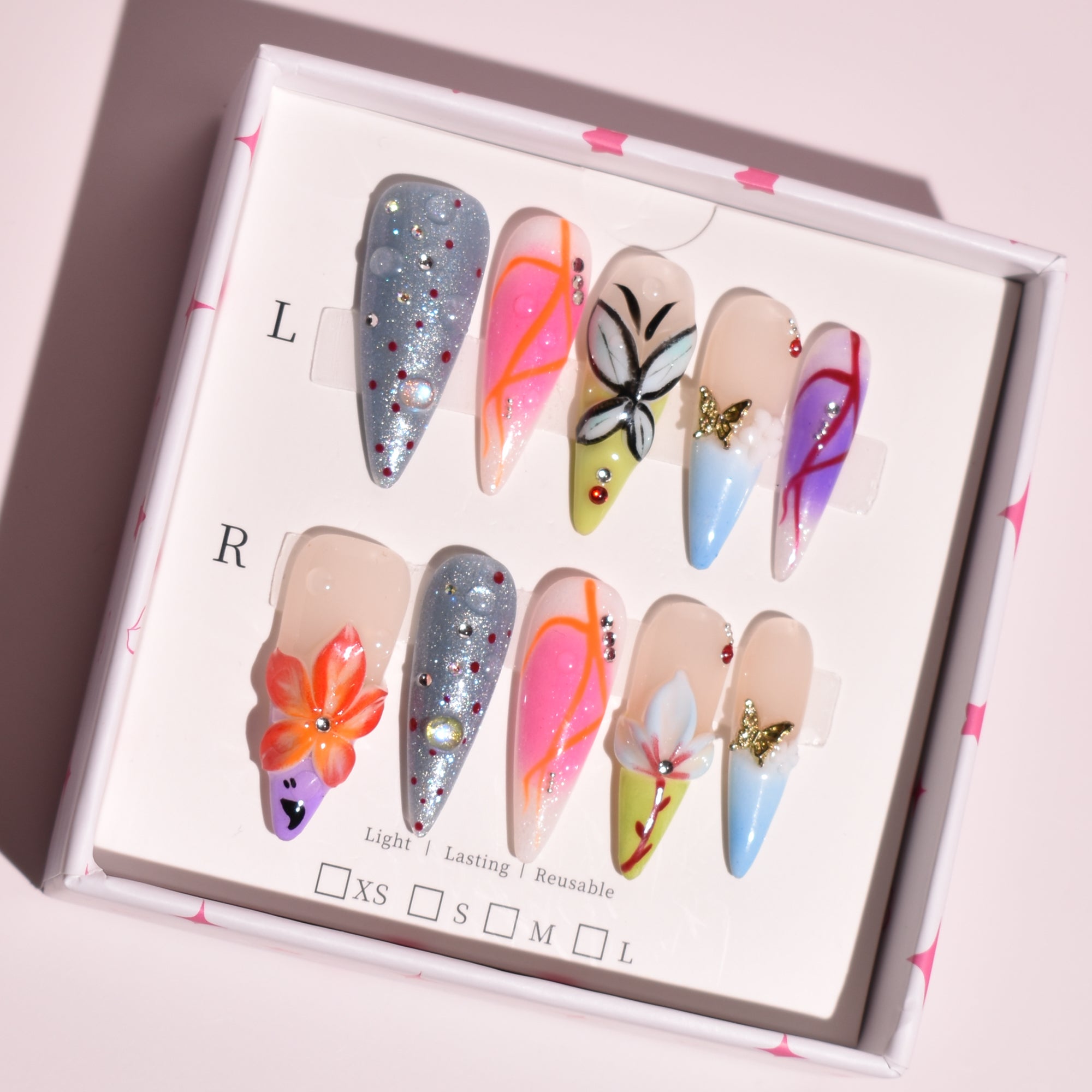 Long Stiletto Abstract Floral & Glitter Galaxy Press-On Nails with 3D Butterfly Charm | b3B84