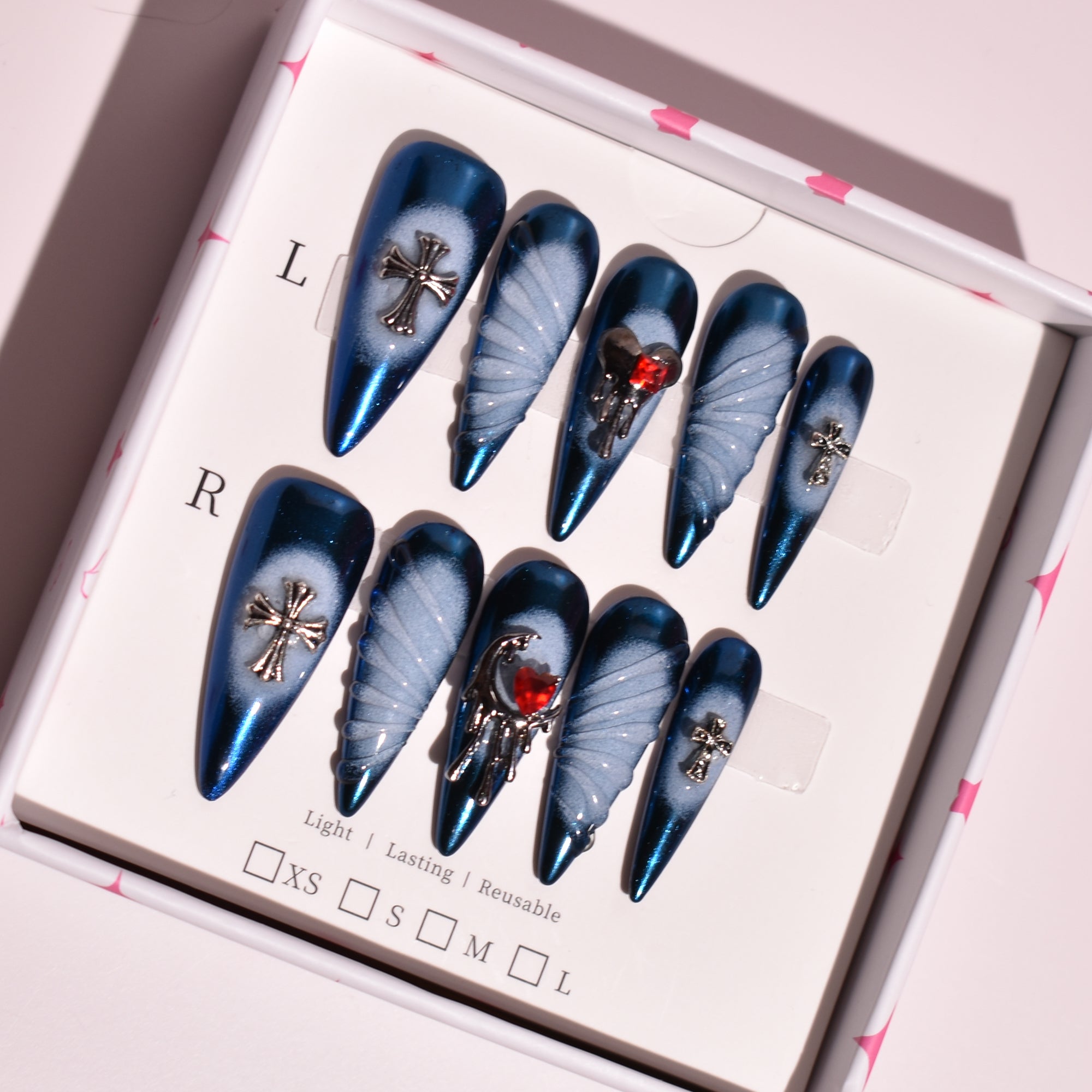 Midnight Reliquary Long Stiletto Gothic Chrome Press-On Nails with Metallic Blue Cat Eye, Cross Charms & Sacred Heart Detail | b3B83