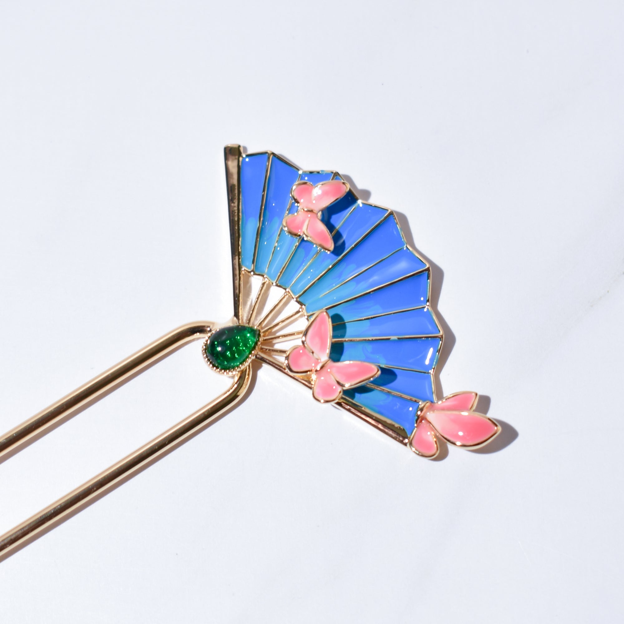Azure Butterfly Fan | 15cm 14k Gold Plated Double-Prong Hair Fork