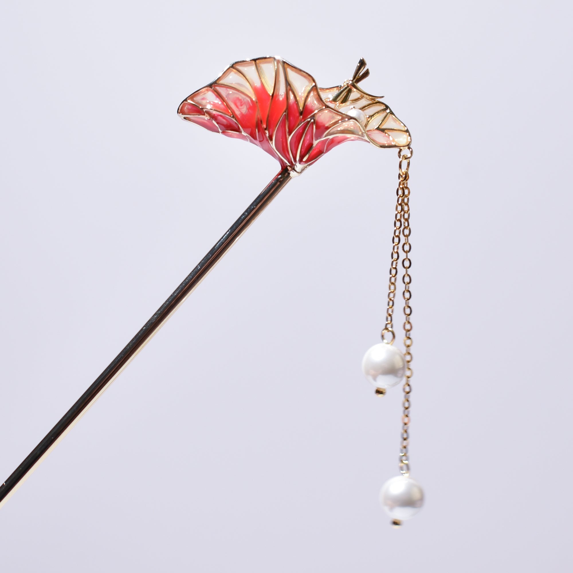 Crimson Lotus Sunset | 14k Gold Plated Copper & Freshwater Pearl Hairpin