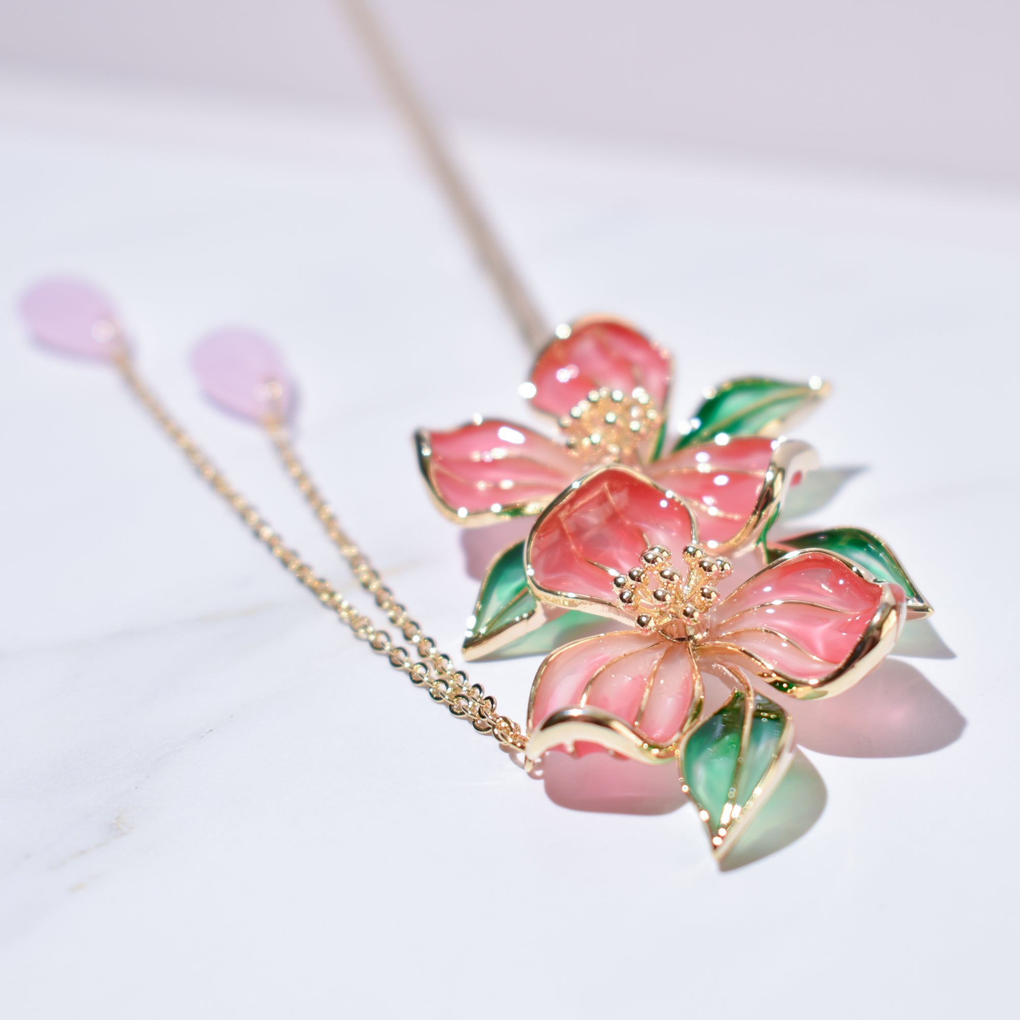 Peach Blossom Tassel | 14k Gold Plated Copper Enamel Hairpin