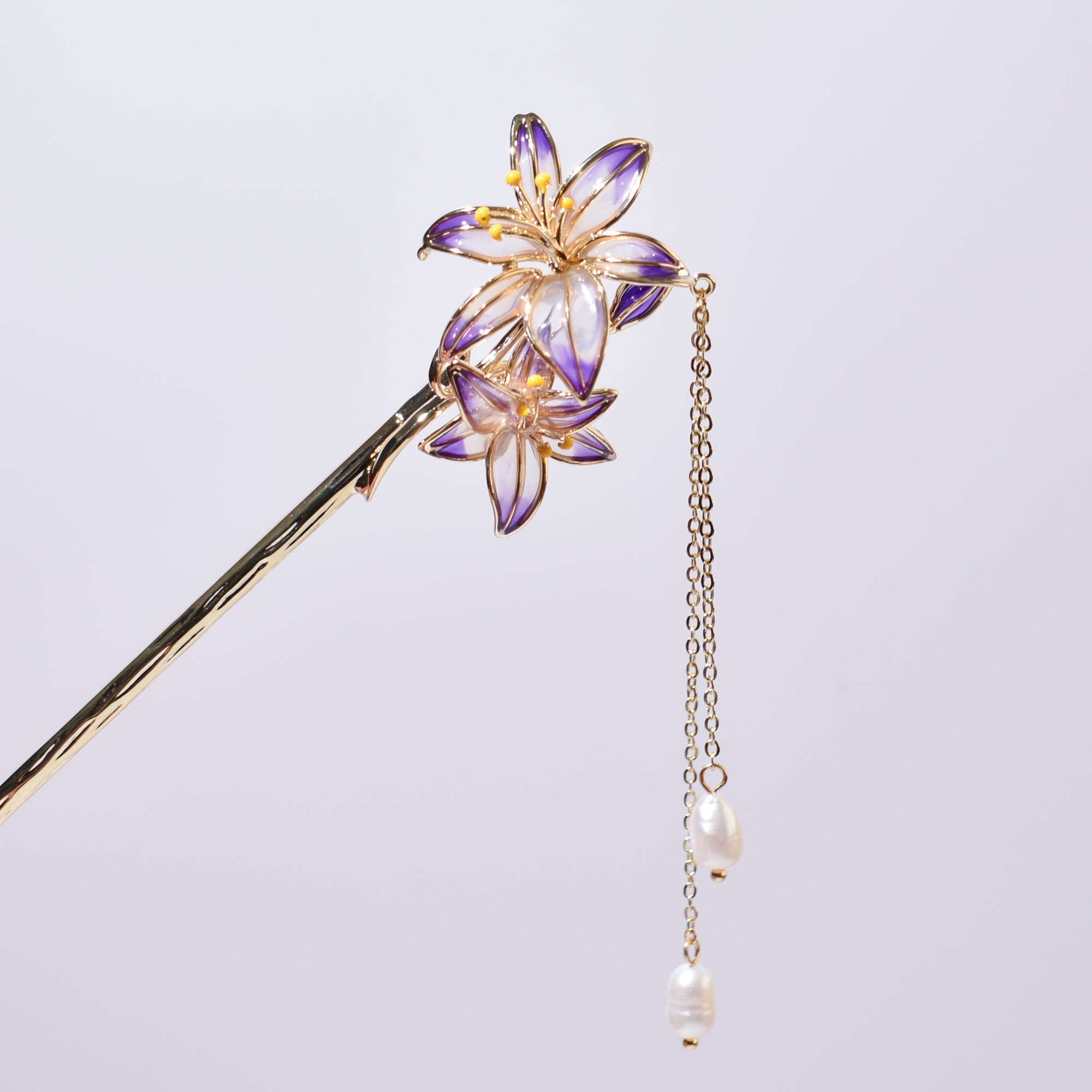 Violet Orchid Whisper | 14k Gold Plated Copper & Freshwater Pearl Hairpin