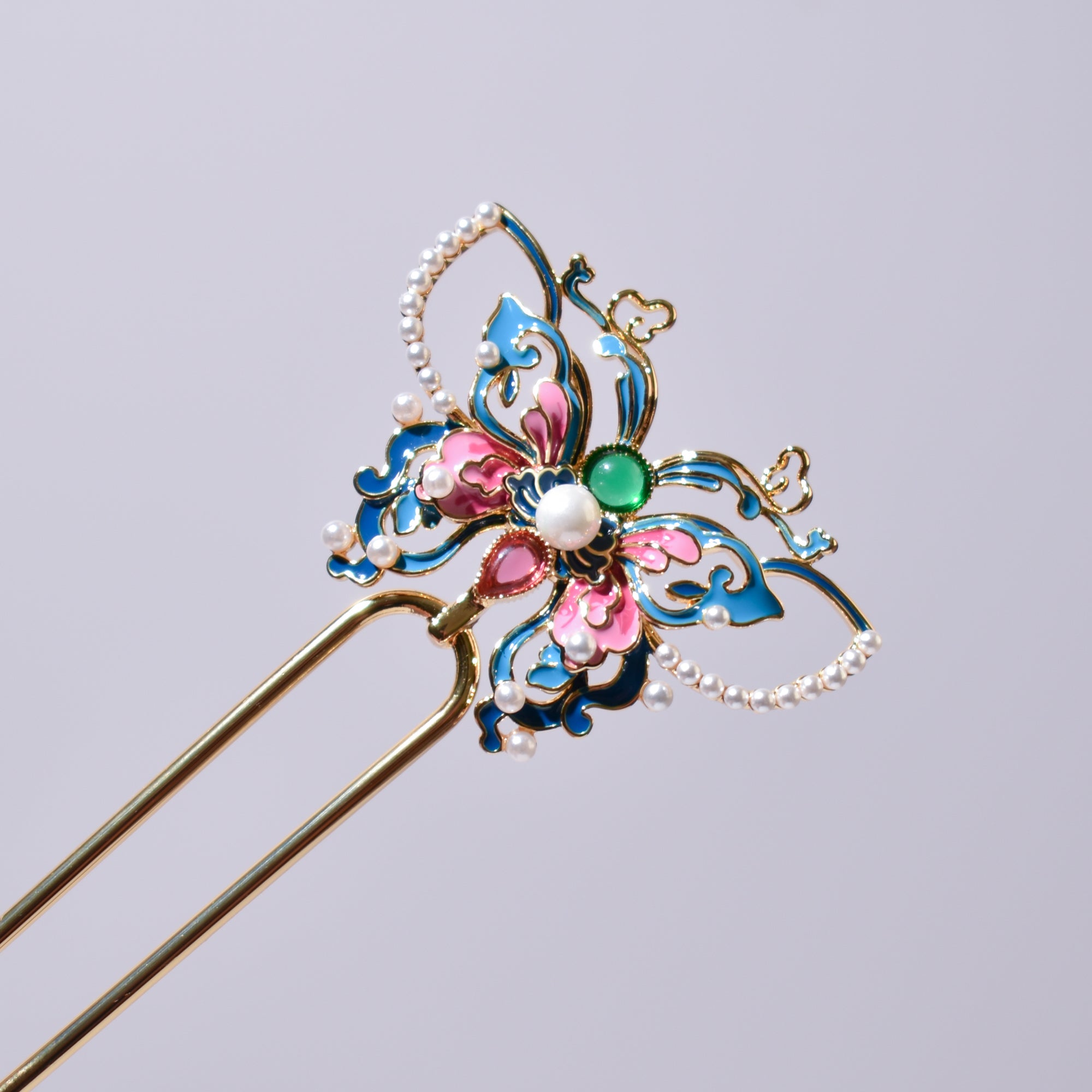 Ethereal Azure Butterfly | 16cm 14k Gold Plated Double-Prong Hair Fork