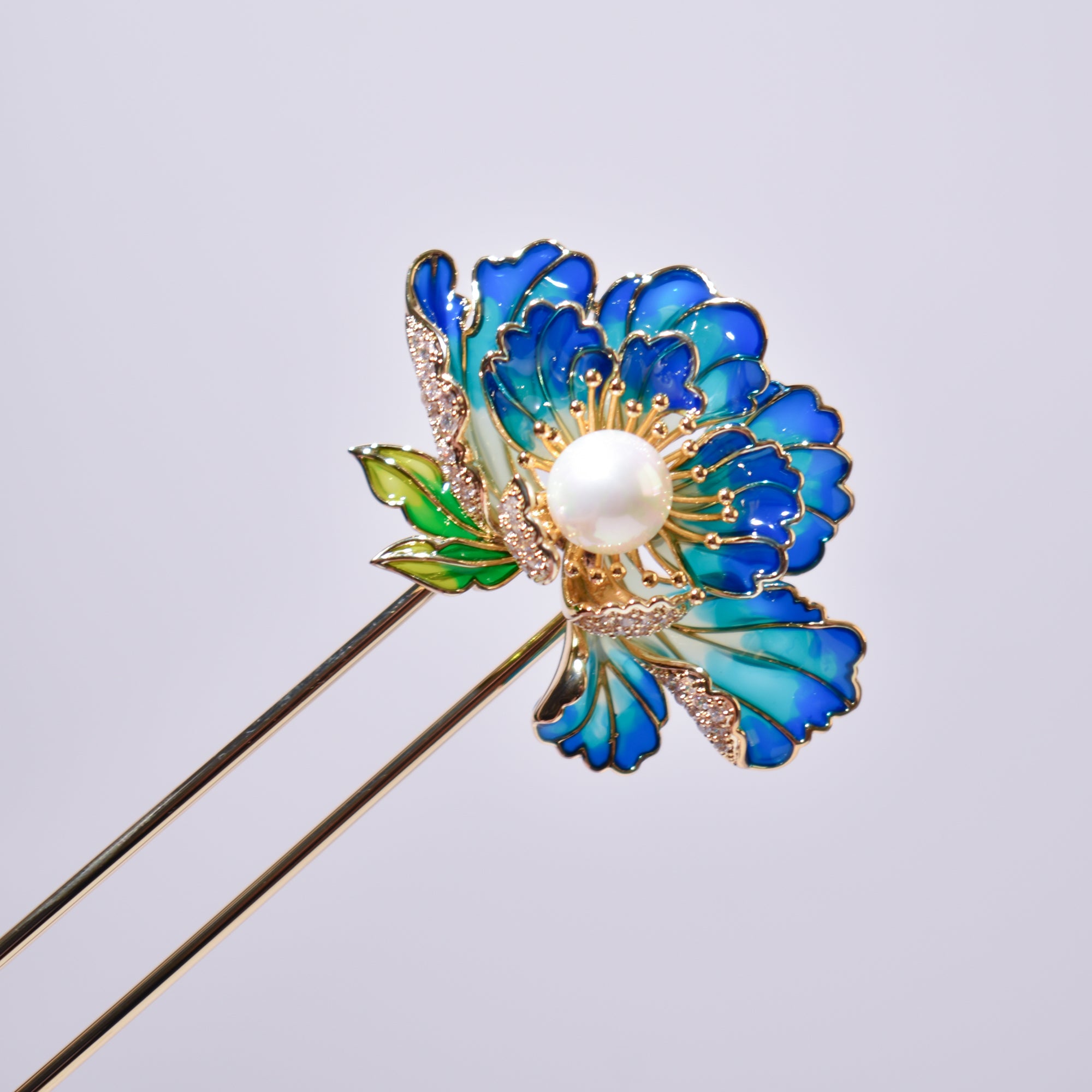 Cerulean Imperial Peony | 16cm 14k Gold Plated Double-Prong Hair Fork