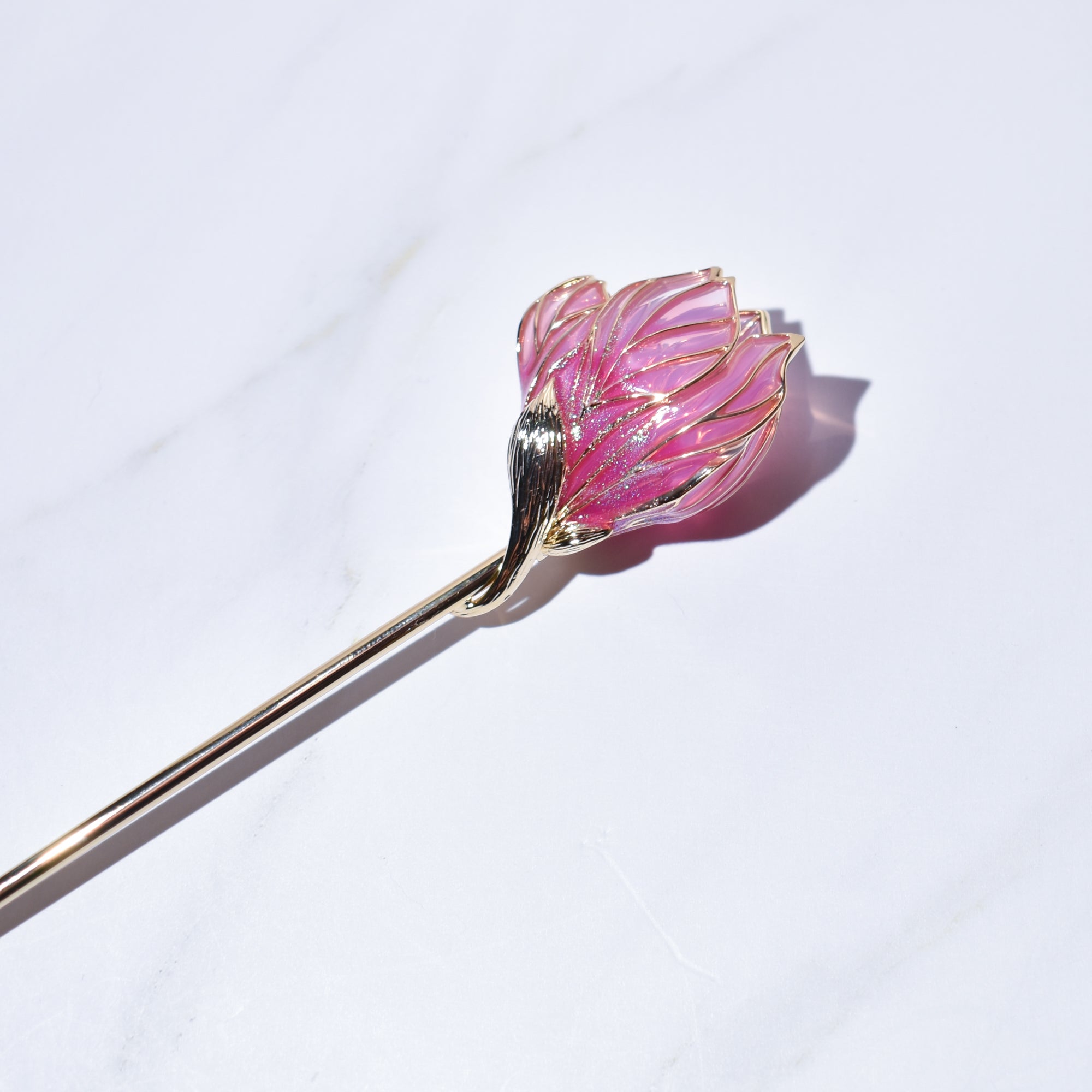 Rose Quartz Magnolia | 14k Gold Plated Copper Artisan Hairpin