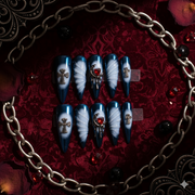 Midnight Reliquary Long Stiletto Gothic Chrome Press-On Nails with Metallic Blue Cat Eye, Cross Charms & Sacred Heart Detail | b3B83