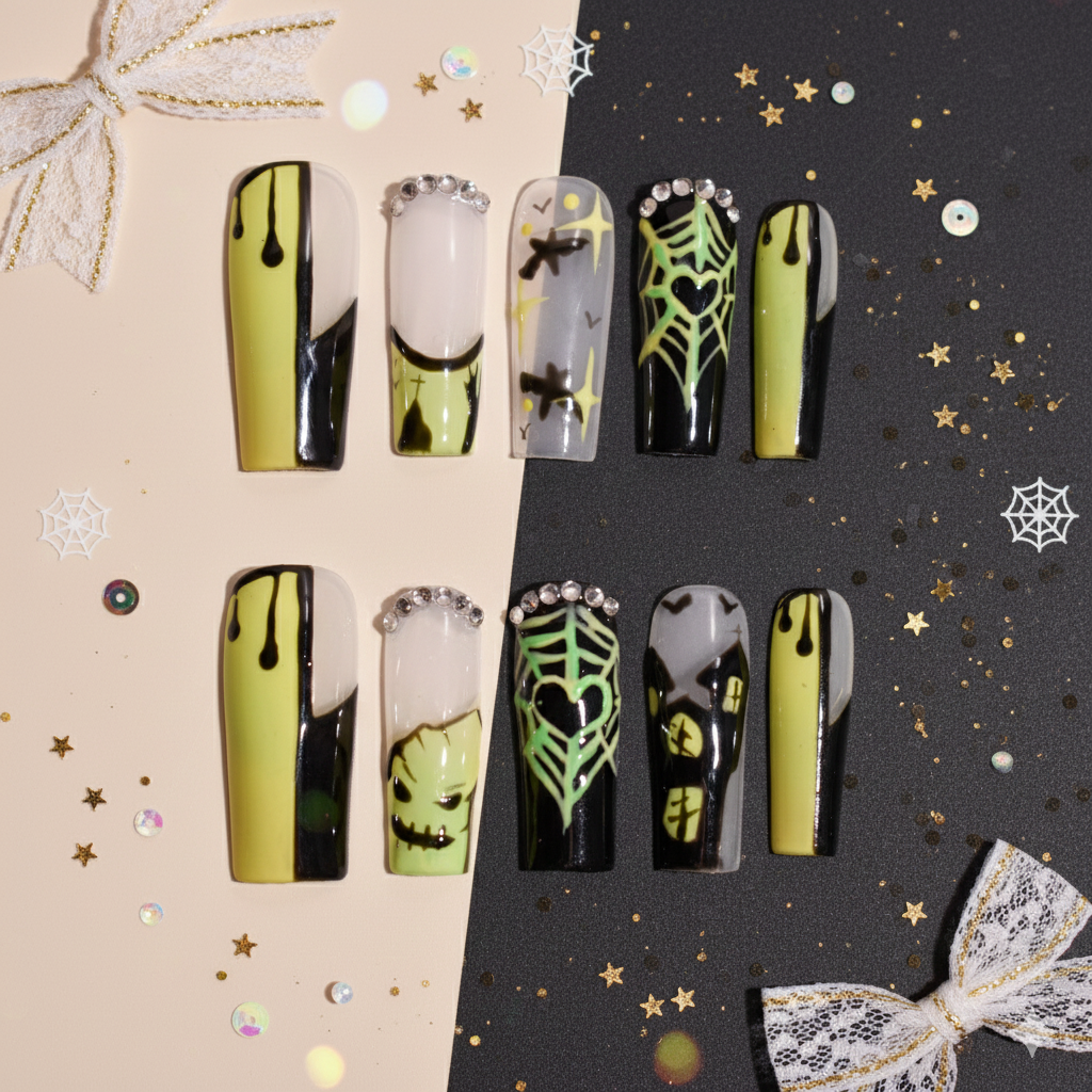 Neon Haunt Web | Green & Black Square Press-On Nails