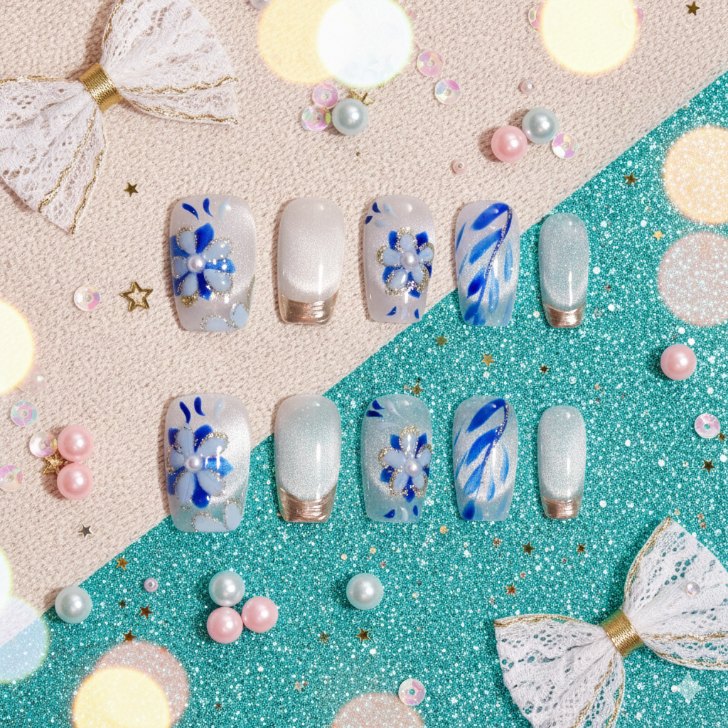 Azure Pearl Bloom | Medium Square Blue Floral Press-On Nails