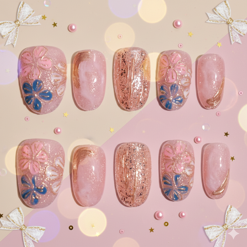 Hanami Whisper | Oval Floral Press-On Nails