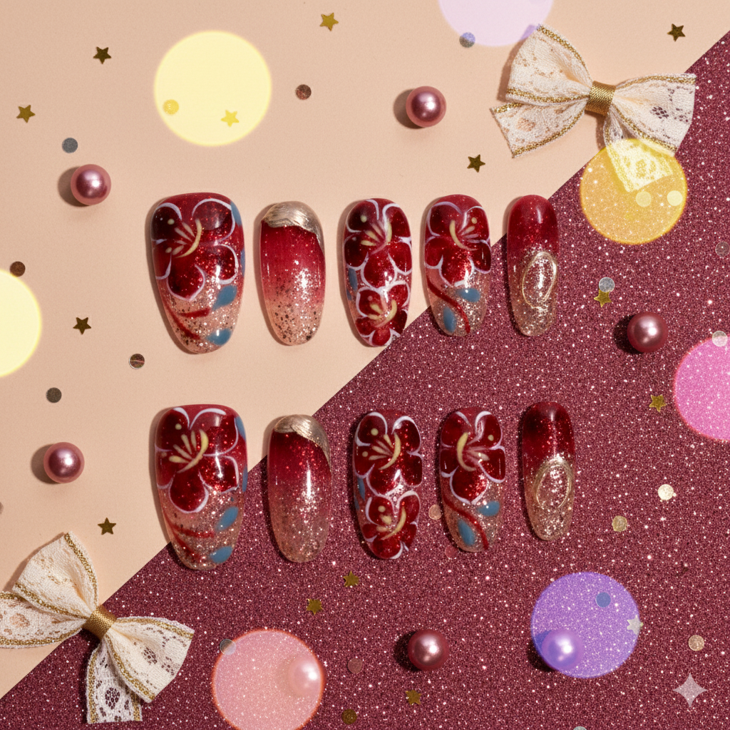 Aka Botan no Mai | Red Floral Oval Press-On Nails
