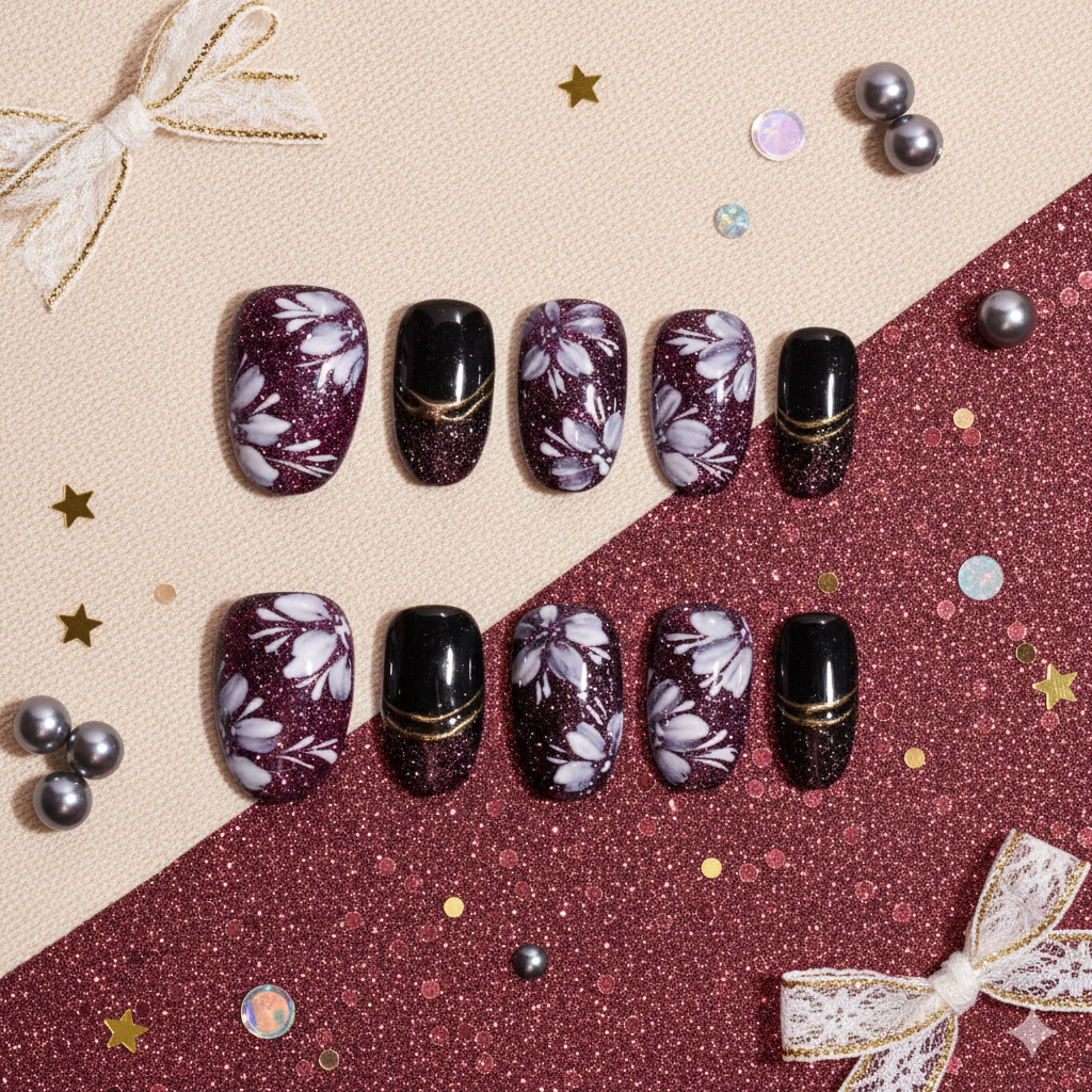 🖤 Yoru Hana no En | Midnight Plum Floral Long Square Press-On Nails