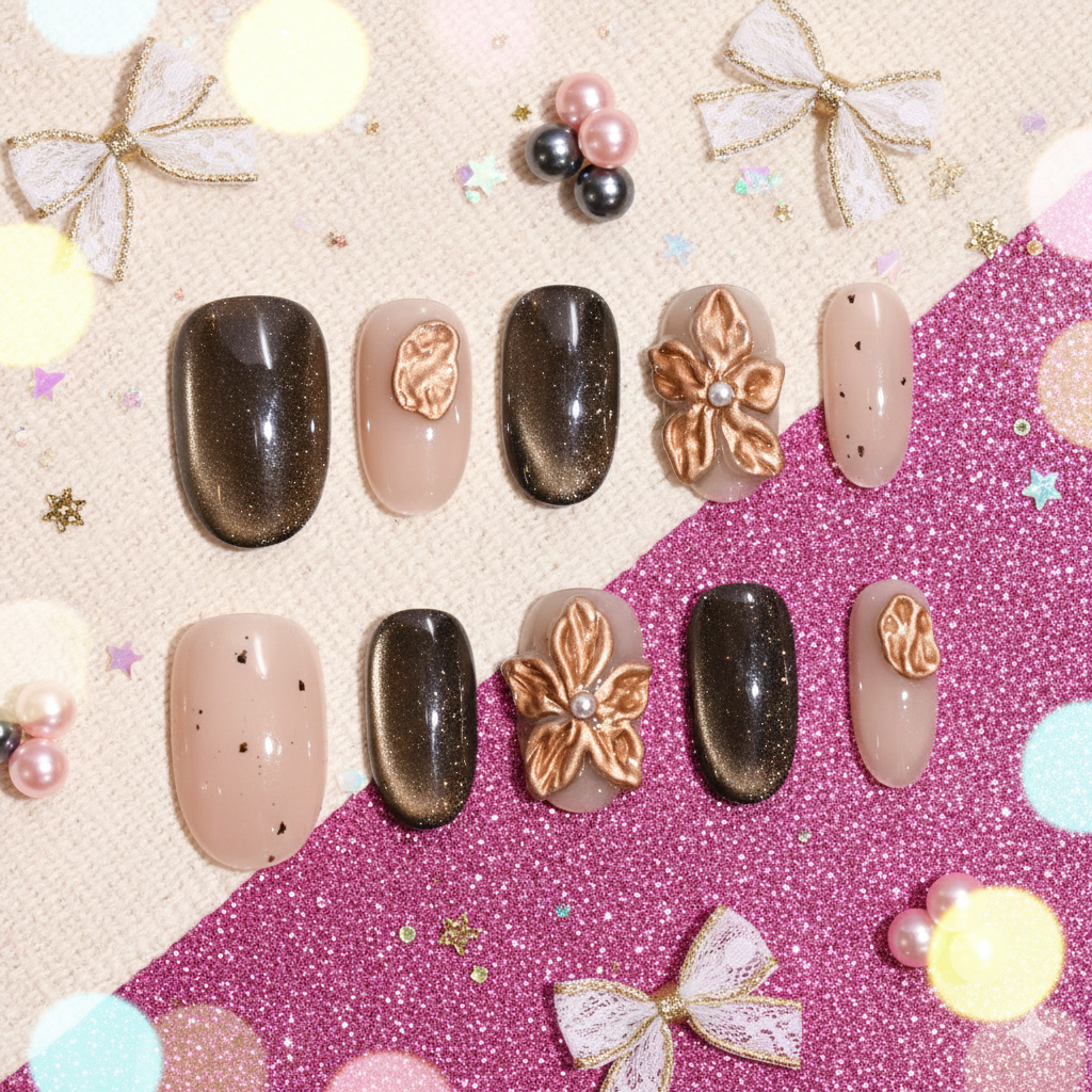 Gilded Truffle Bloom | Medium Oval Bronze Floral Press-On Nails