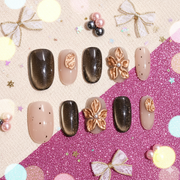 Gilded Truffle Bloom | Medium Oval Bronze Floral Press-On Nails