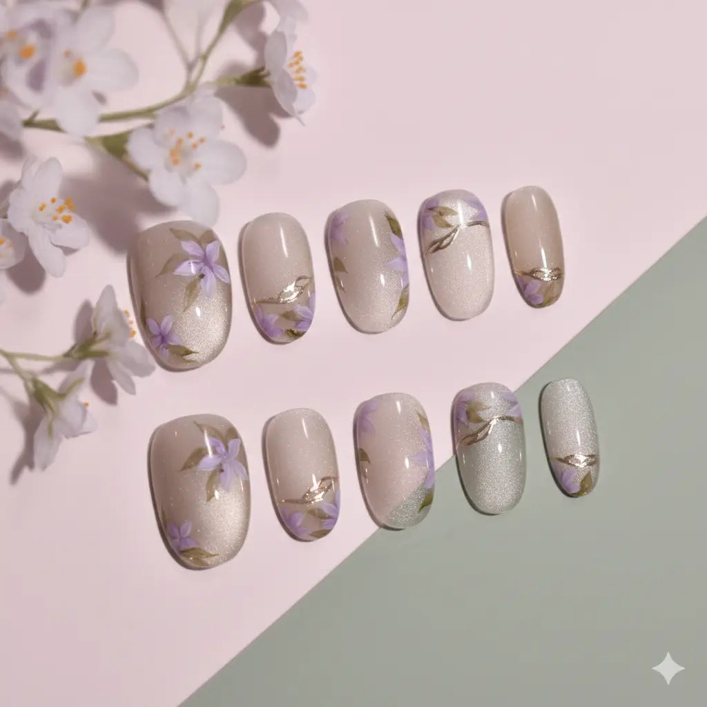 Violet Silk Radiance | Hand-Painted Wafu Velvet Cat-Eye Nails Bling Empire