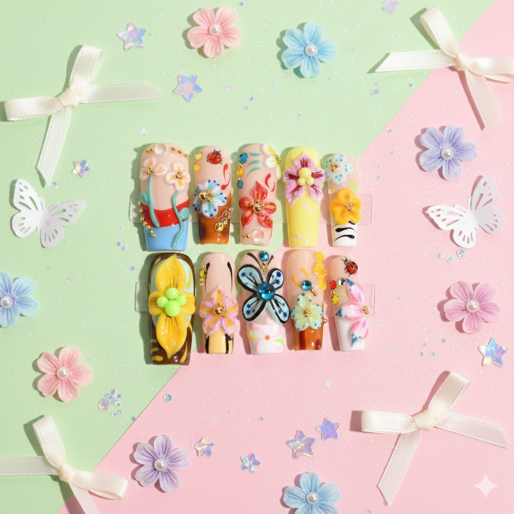 Medium Square 3D Floral Press-On Nails – Colorful Maximalist Garden Art |b3B79