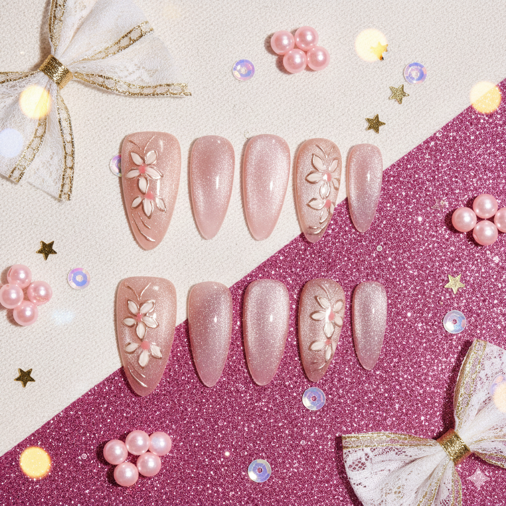 Blush Sakura Veil | Long Almond Soft Pink Floral Press-On Nails