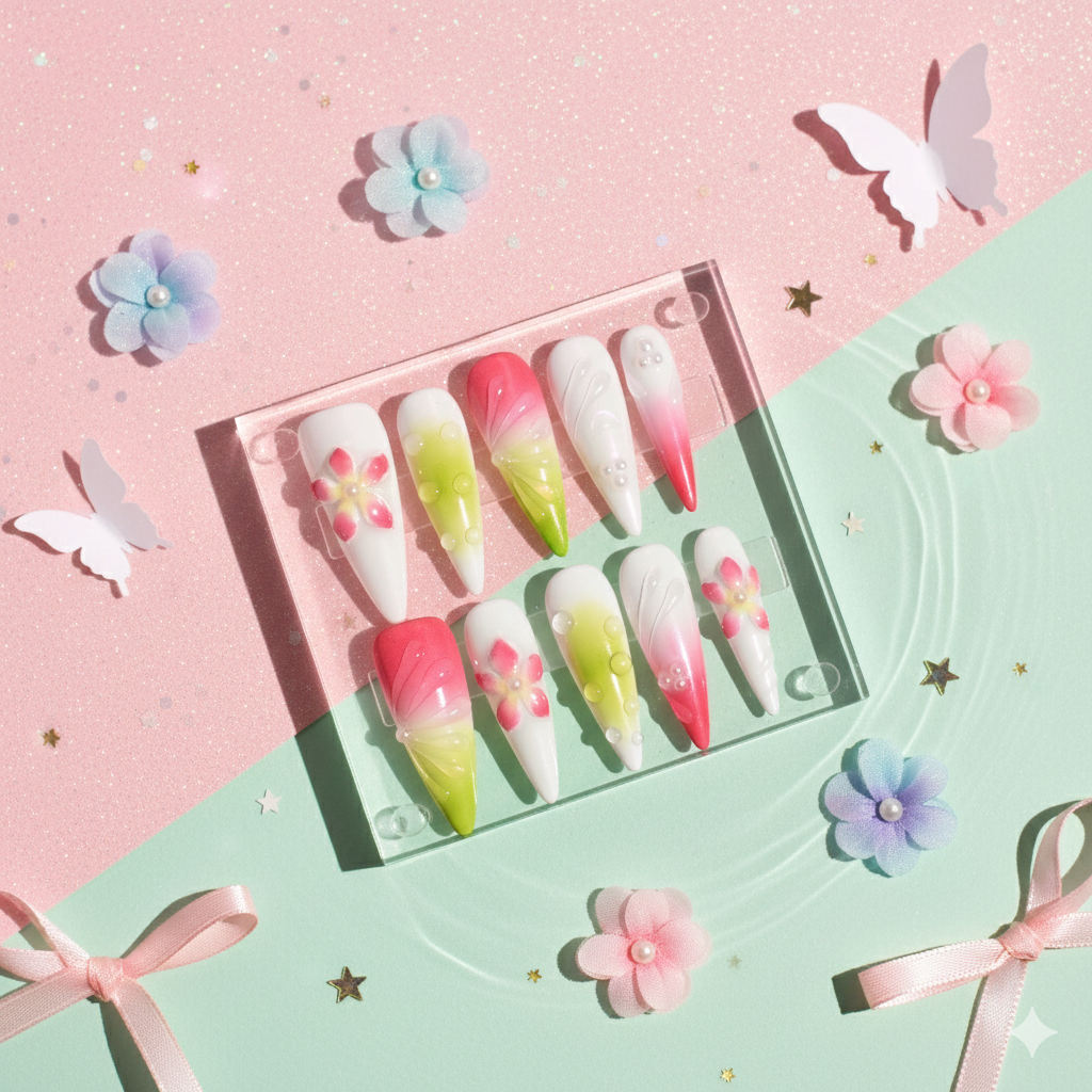 Sorbet Bloom Long Stiletto Pink & Lime Ombre 3D Floral Press-On Nails | b3B74