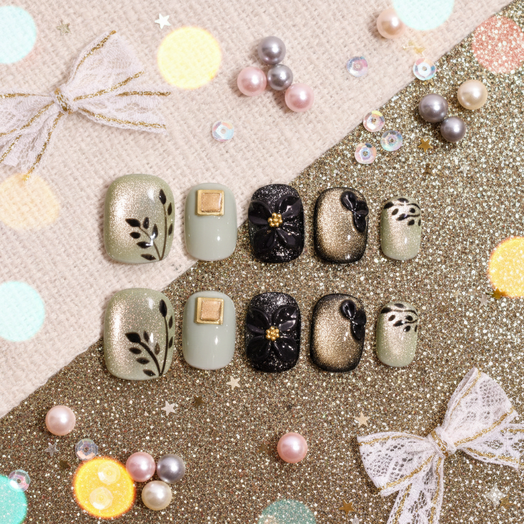 Midnight Camellia Glow | Handmade Press-on Nails | Custom Japanese Nail Art