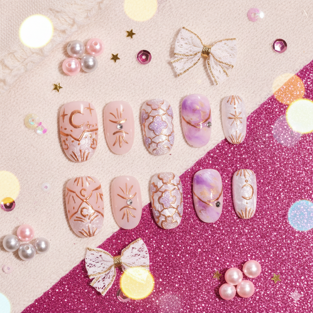 Celestial Whisper | Medium Oval Lunar Gold Press-On Nails with Crystal Accents