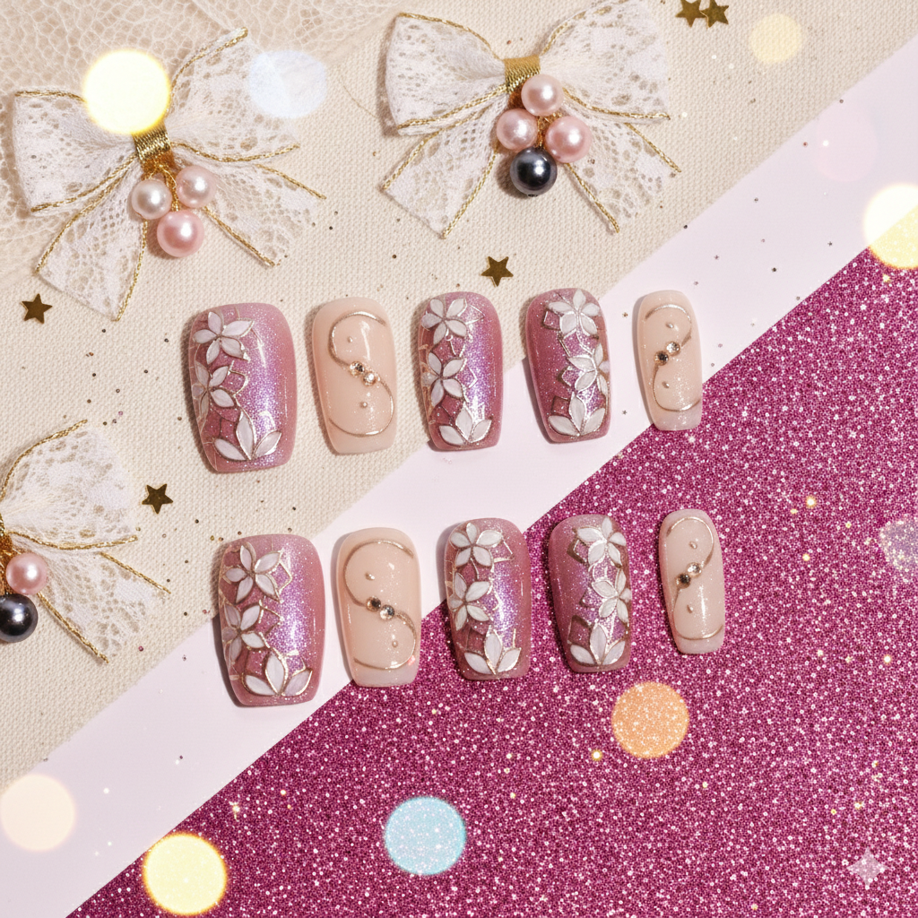 Rose Lattice Bloom | Medium Square Floral Press-On Nails with Gold Accents