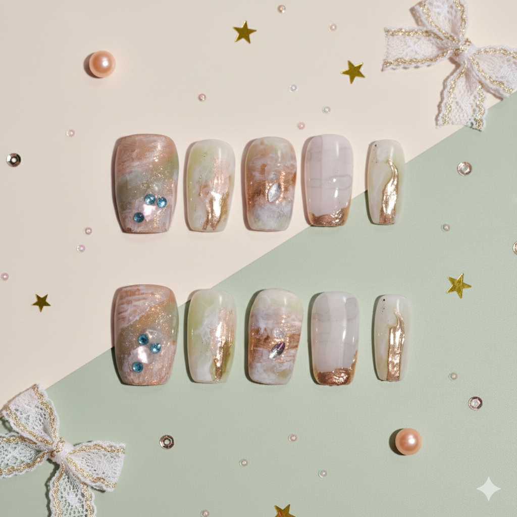 Jade Vein Alchemy | Neutral Marble Square Press-On Nails